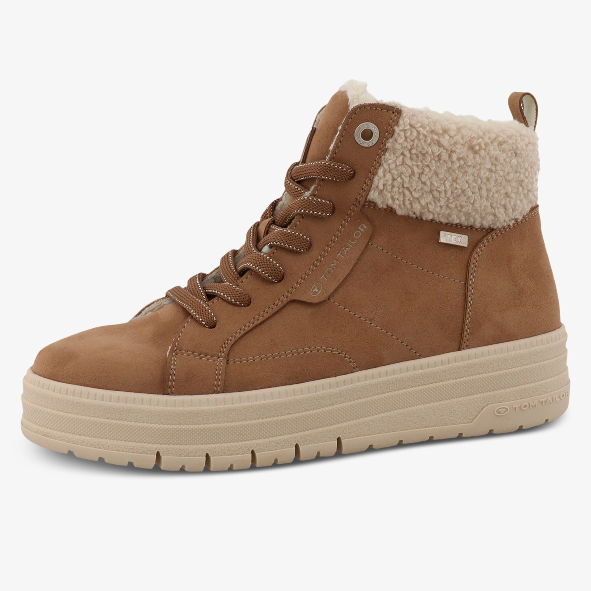 Seitliche Ansicht eines bequemen braunen Sneakers mit warmem Futter und robuster Sohle für guten Halt