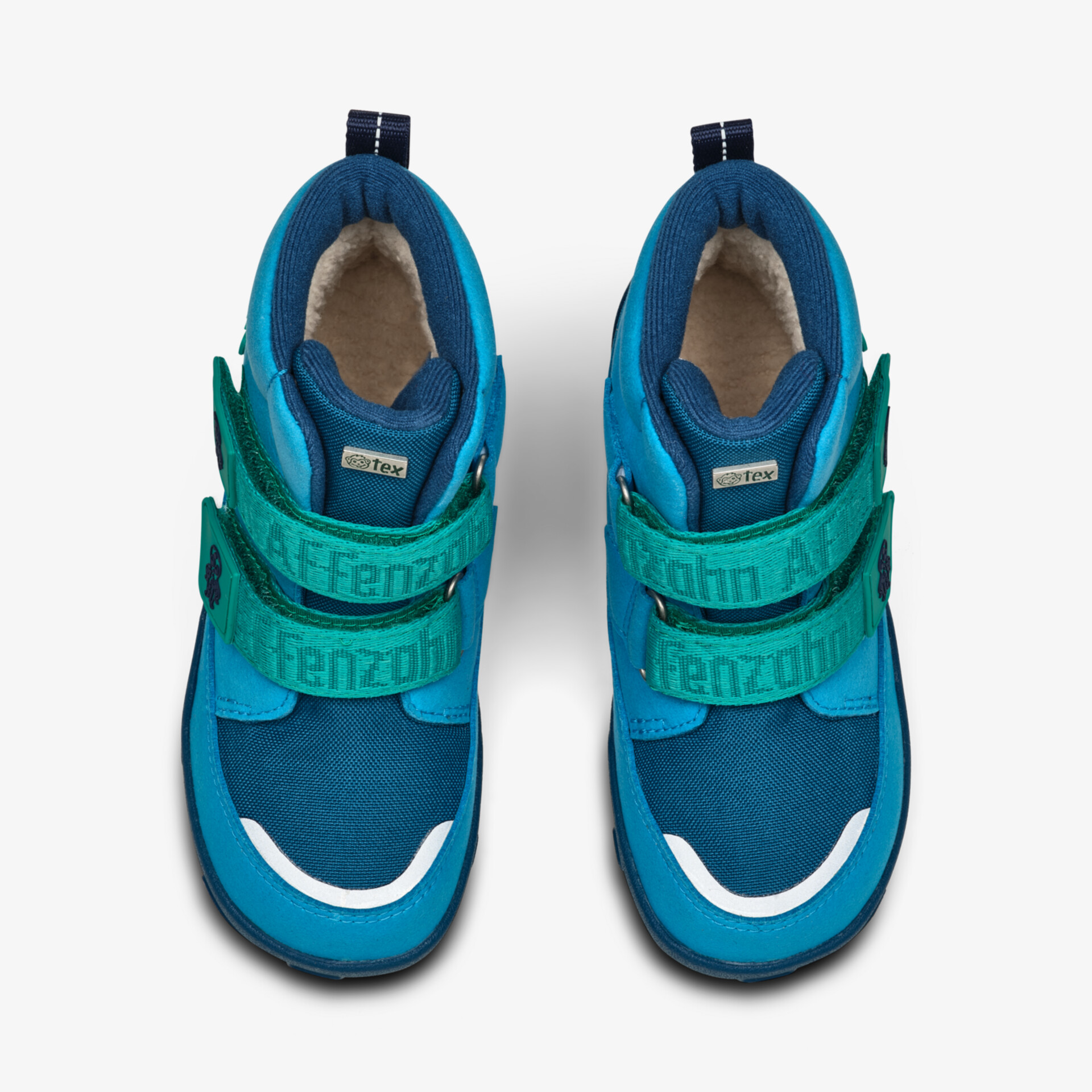 Blau-türkises Paar Sneaker mit Klettverschluss, draufsicht, sportlich und bequem designed