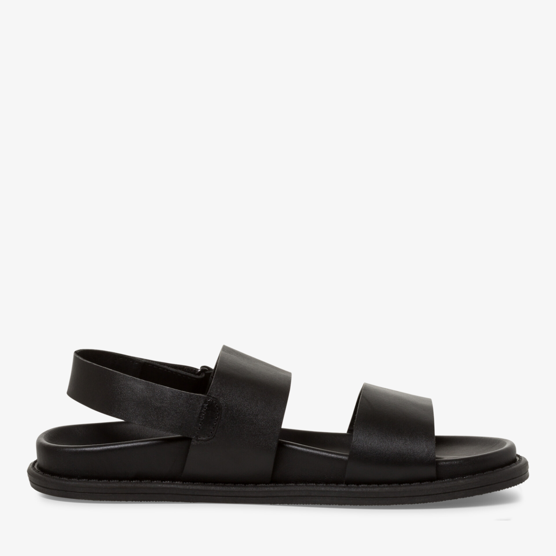 Schwarze Sandale mit zwei breiten Riemen und offenem Design, bequem und leicht, robust und flexibel für Alltag