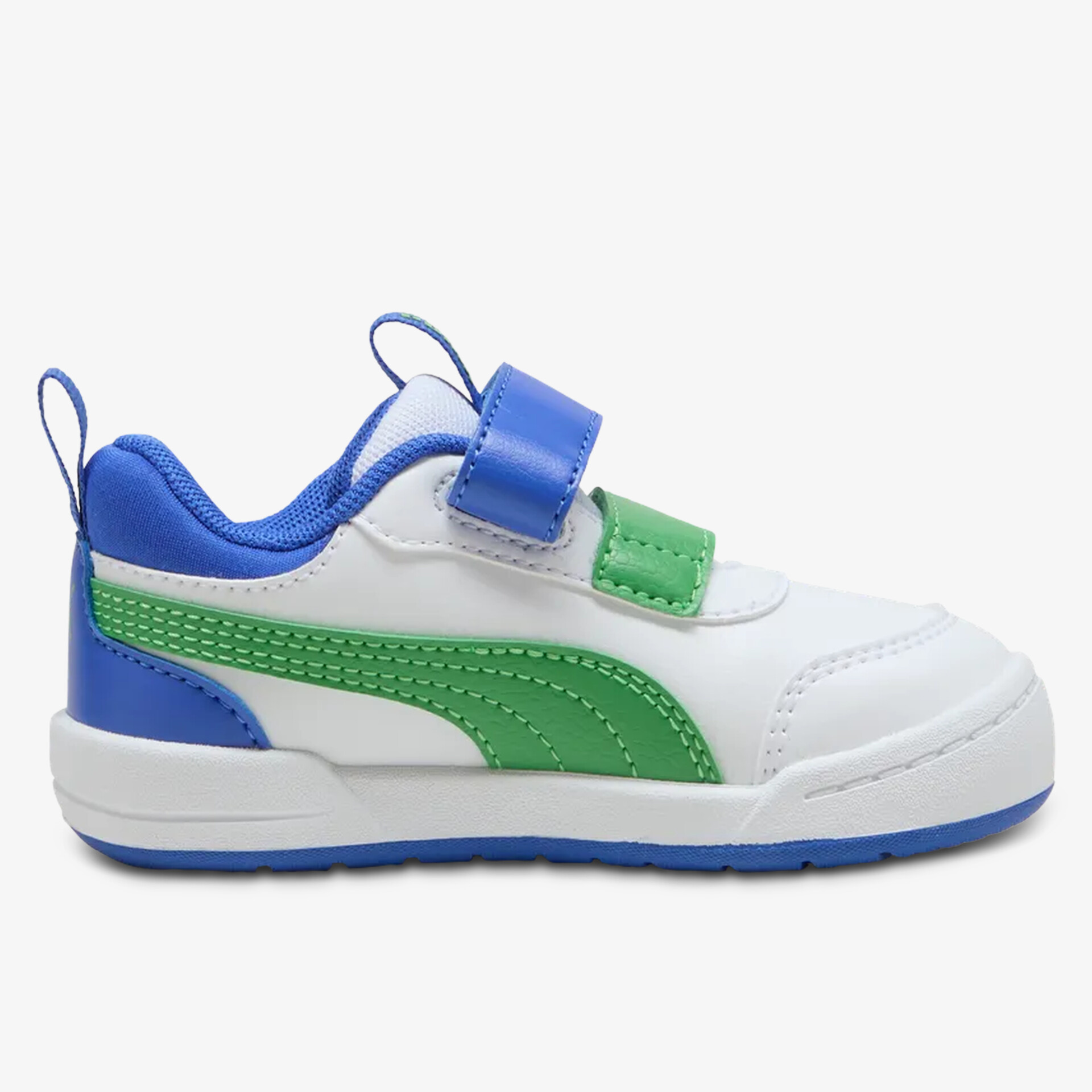 Leichter Sneaker mit bequemem Klettverschluss, atmungsaktivem Material und rutschfester Sohle in moderner weiß-grün-blauer Farbkombination