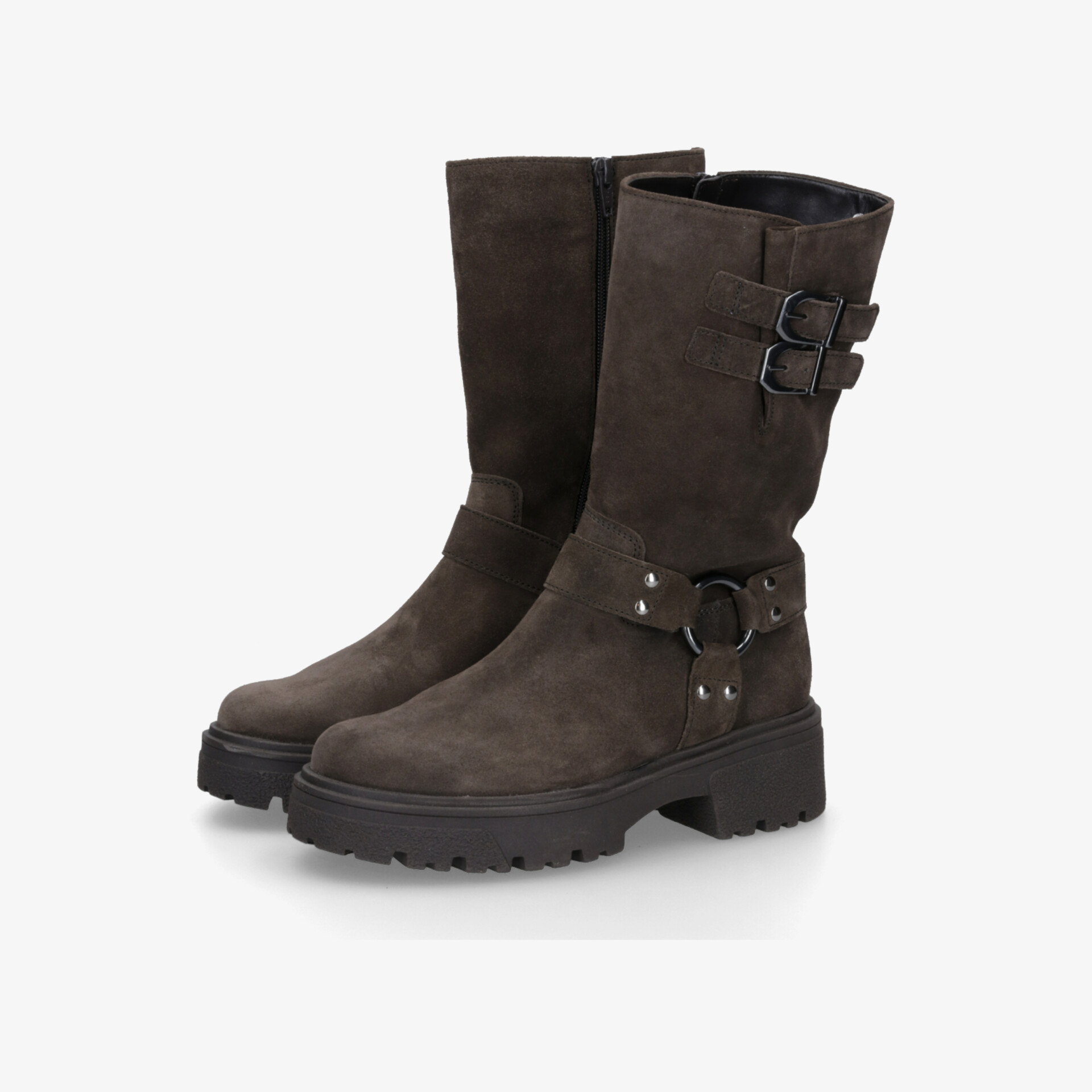 Robuste braune Stiefel mit stabilen Schnallen, profilierter Laufsohle und bequemem Design für vielseitigen Einsatz