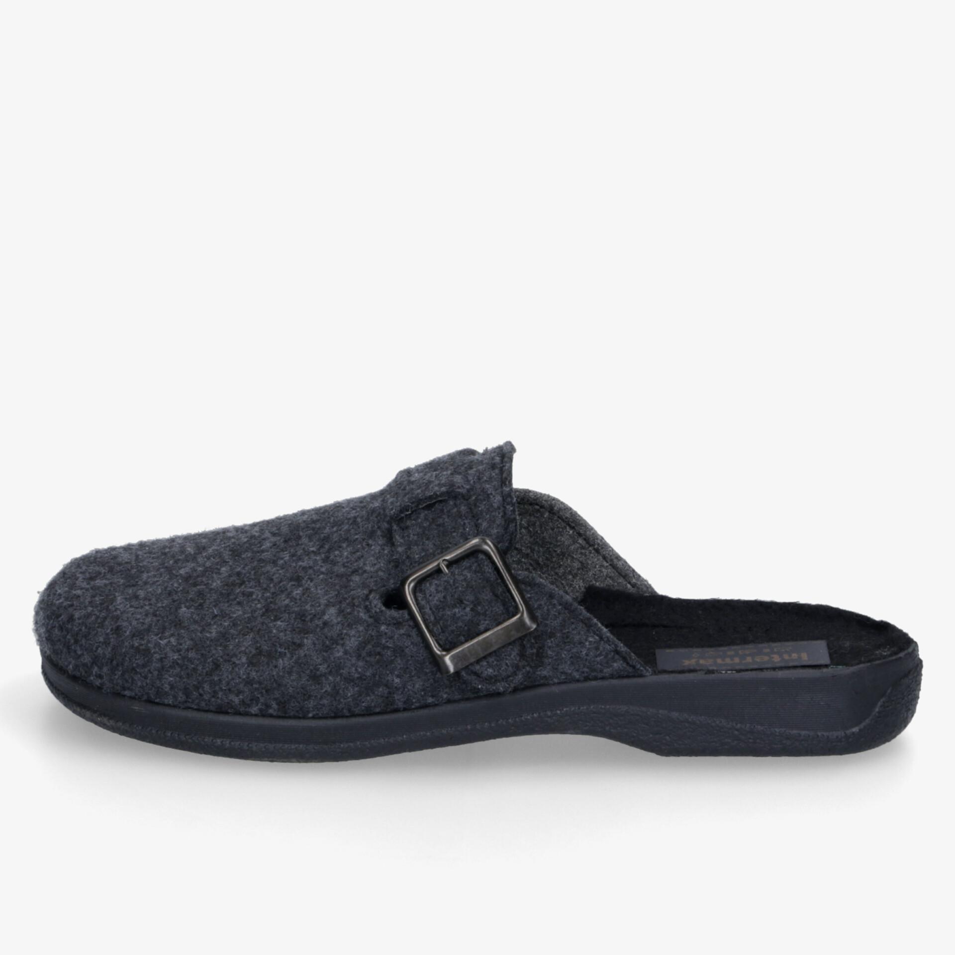 Bequemer Hausschuh aus Filz mit verstellbarer Schnalle und rutschfester Sohle, seitliche Ansicht