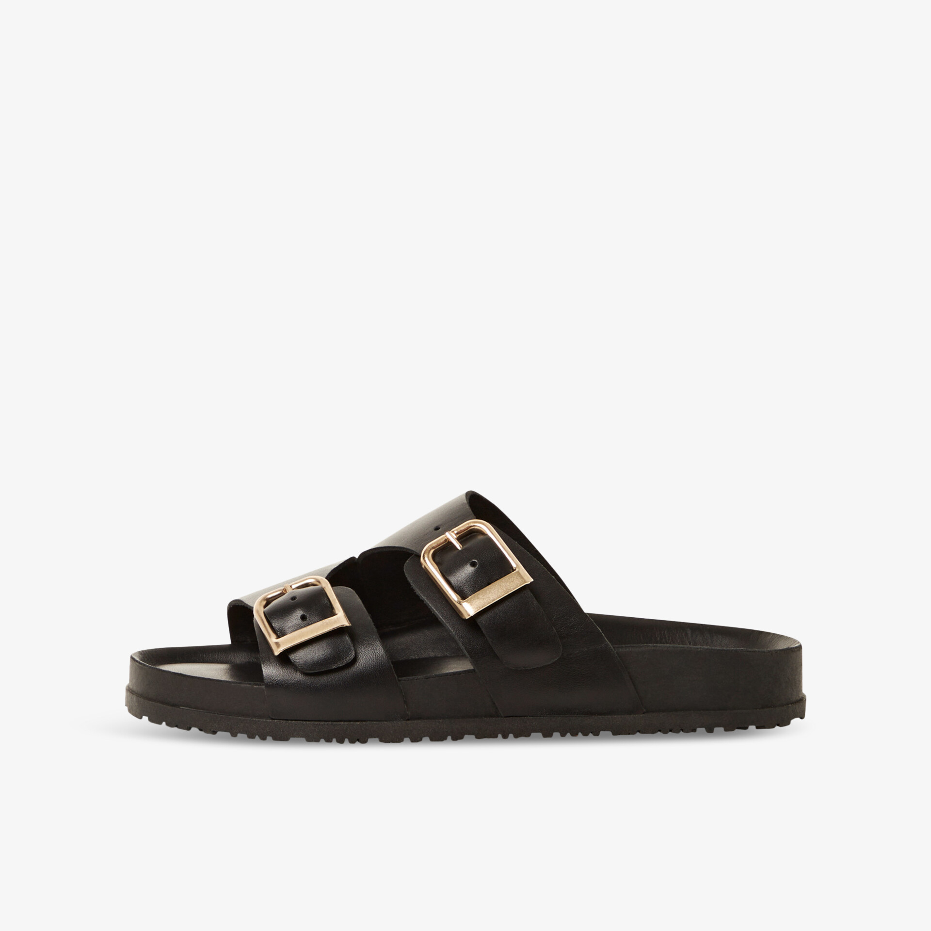 Schwarze Sandale mit verstellbaren Schnallen und komfortabler, rutschfester Sohle für angenehmen Tragekomfort