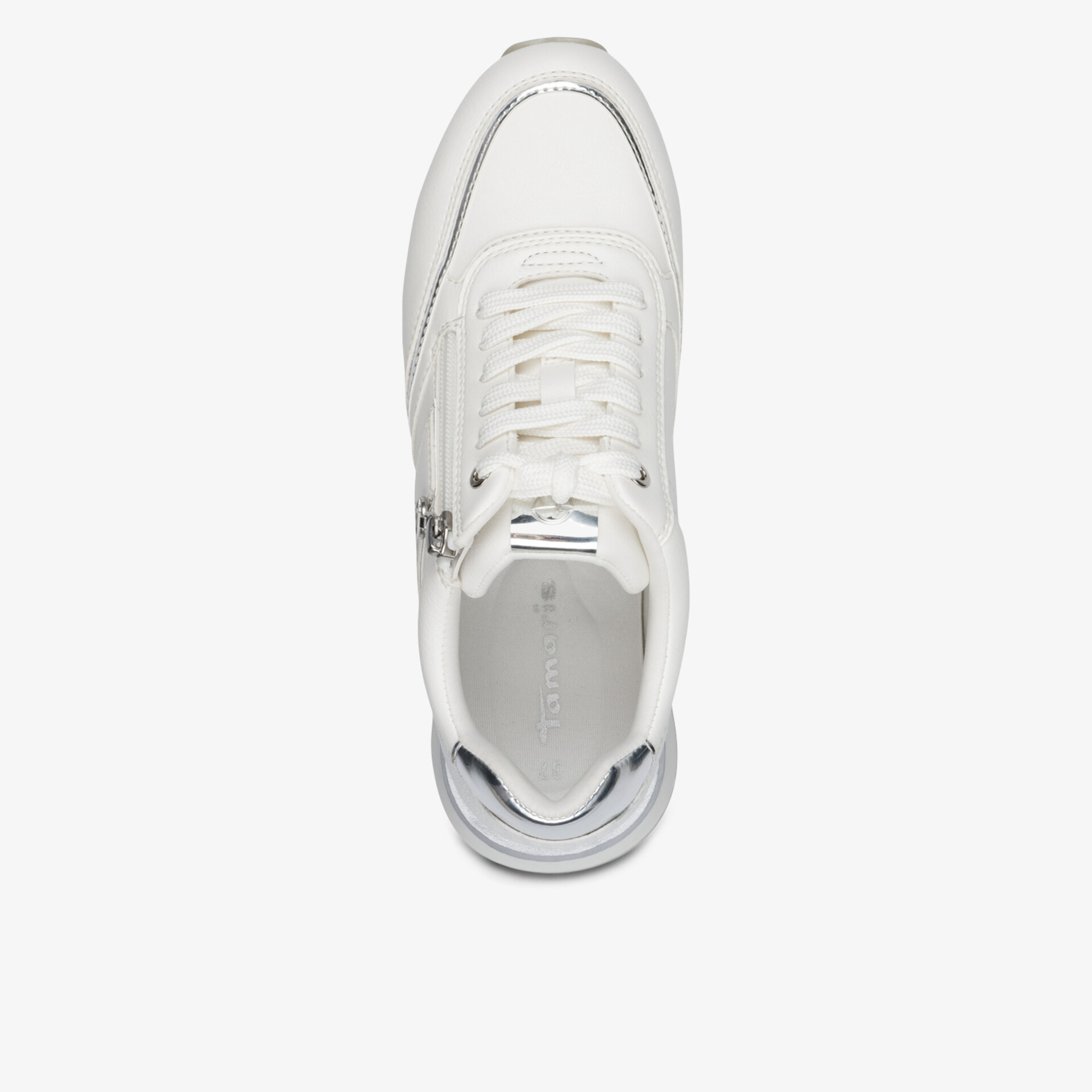 Junger weißer Sneaker mit Schnürung, atmungsaktivem Material und bequemer Passform, Draufsicht