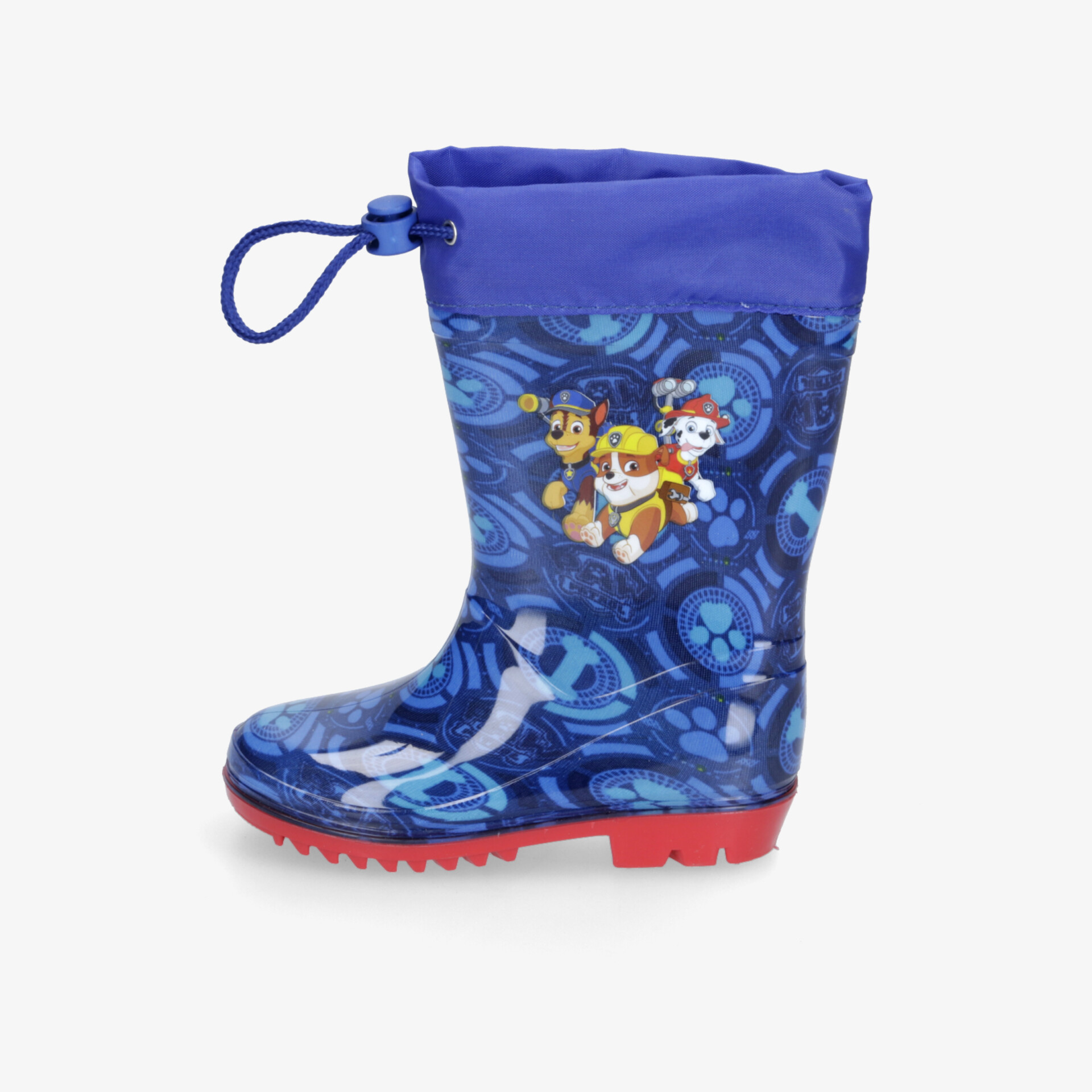 Blauer wasserdichter Kinder-Gummistiefel mit roter Sohle und fröhlichem Paw Patrol Motiv für sicheren, bequemen Tragekomfort