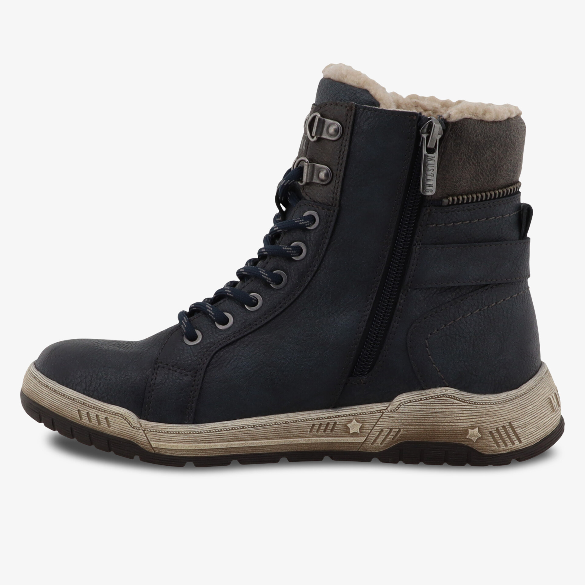 Robuster Freizeitstiefel mit warmer Innenfütterung, Reißverschluss und Schnürsenkeln in seitlicher Ansicht