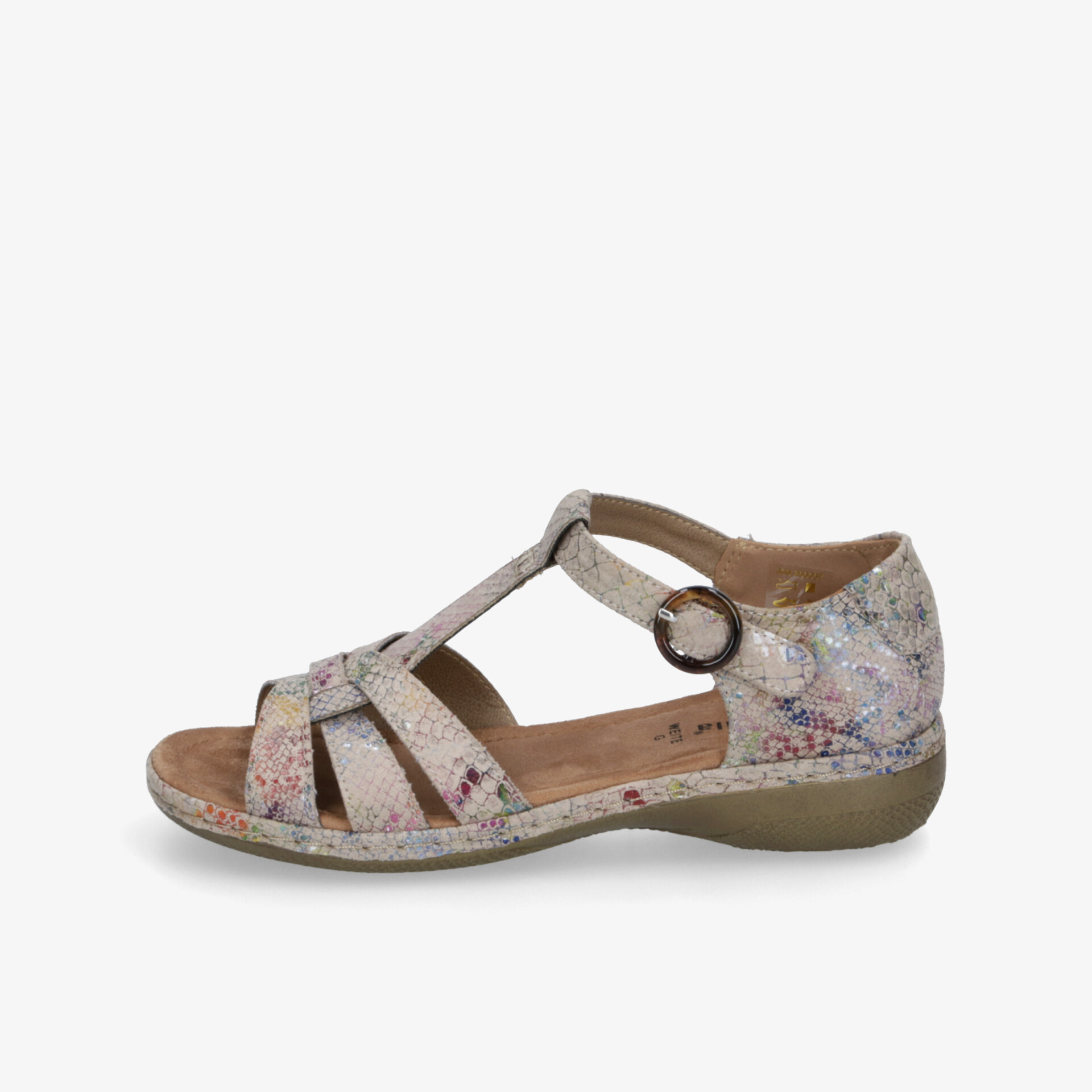 Bequeme offene Sandale mit floralem Muster, verstellbarem Riemen und weichem Fußbett für hohen Tragekomfort