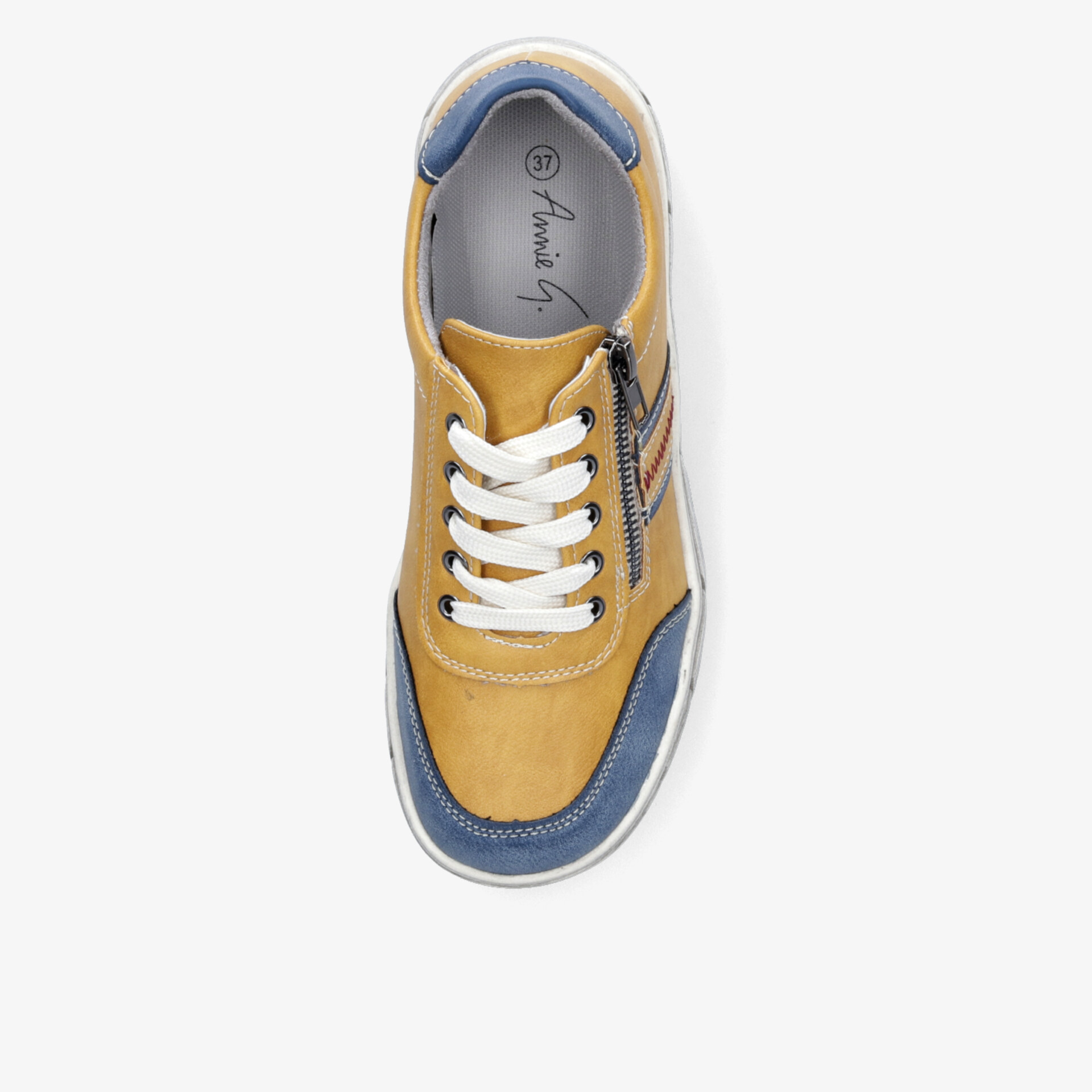 Bequemer gelb-blauer Sneaker mit Reißverschluss und Schnürsenkeln, gepolstert für optimalen Tragekomfort