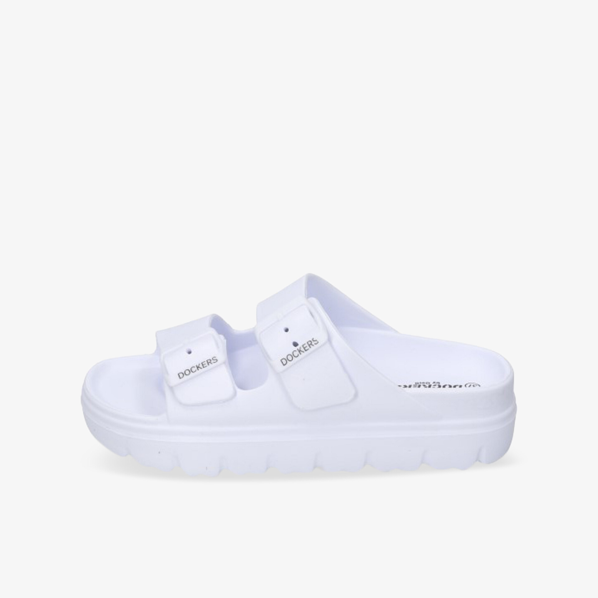 Weiße Sandale mit zwei verstellbaren Riemen und komfortablem Fußbett für angenehmen Tragekomfort