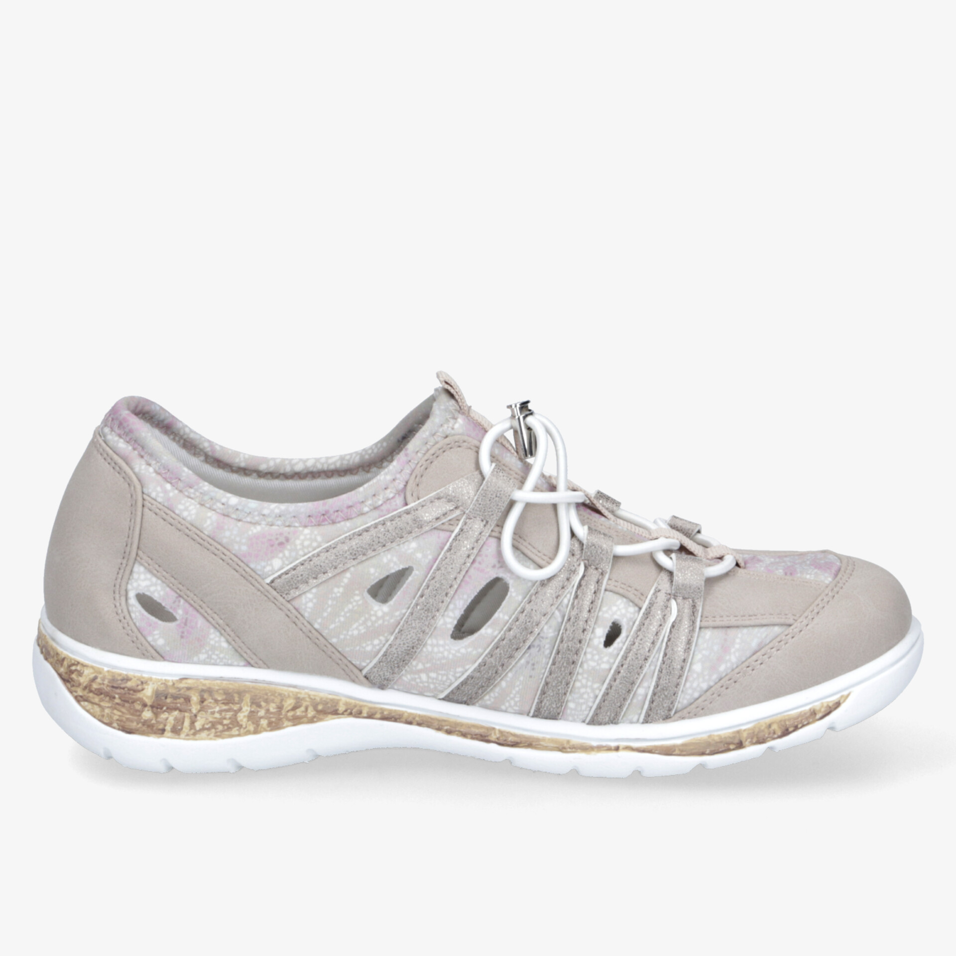 Leichter, atmungsaktiver Freizeitschuh mit flexibler Schnürung und rutschfester Sohle in seitlicher Ansicht