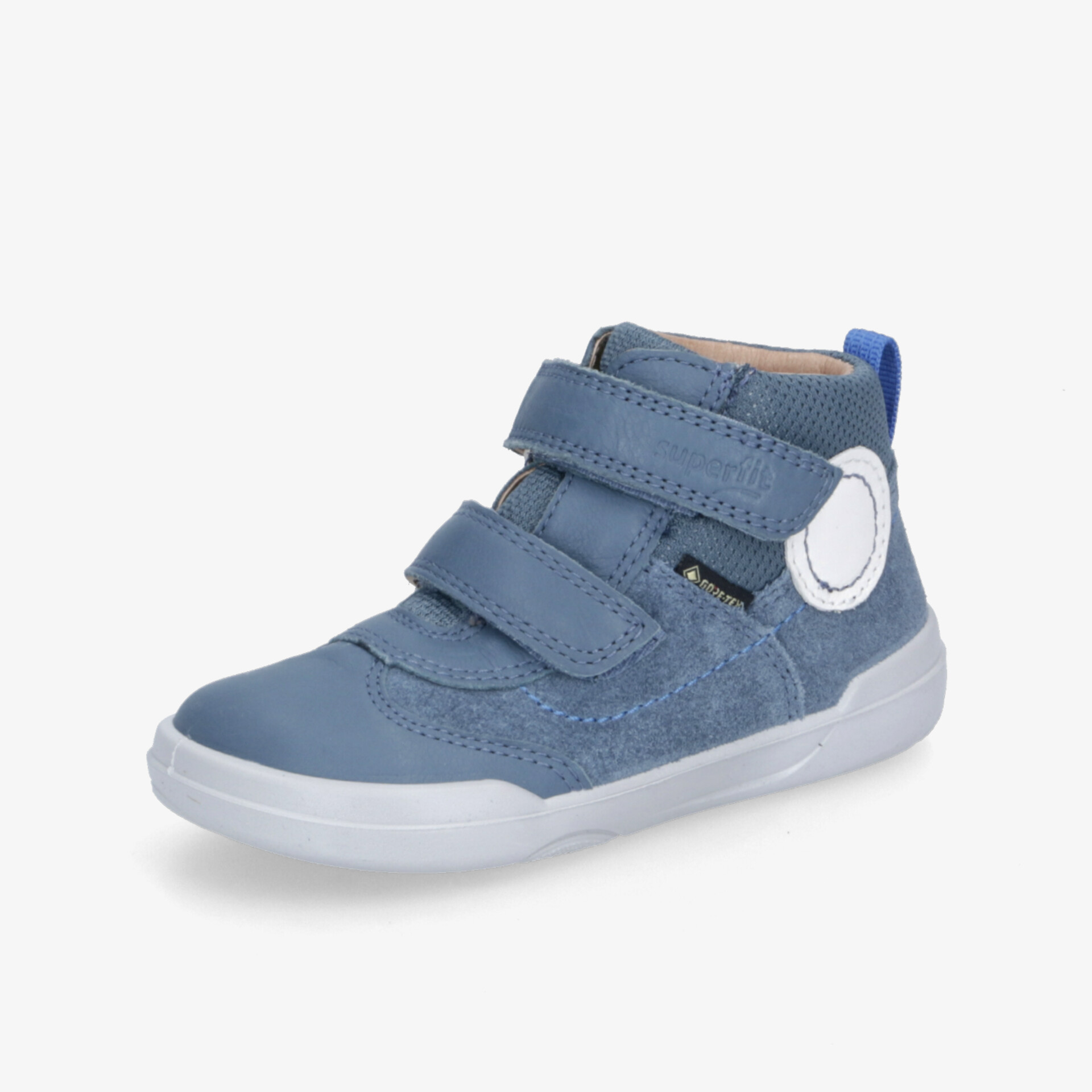 Blauer Kinderschuh mit zwei Klettverschlüssen, sportlich und bequem, flexible und leichte Sohle