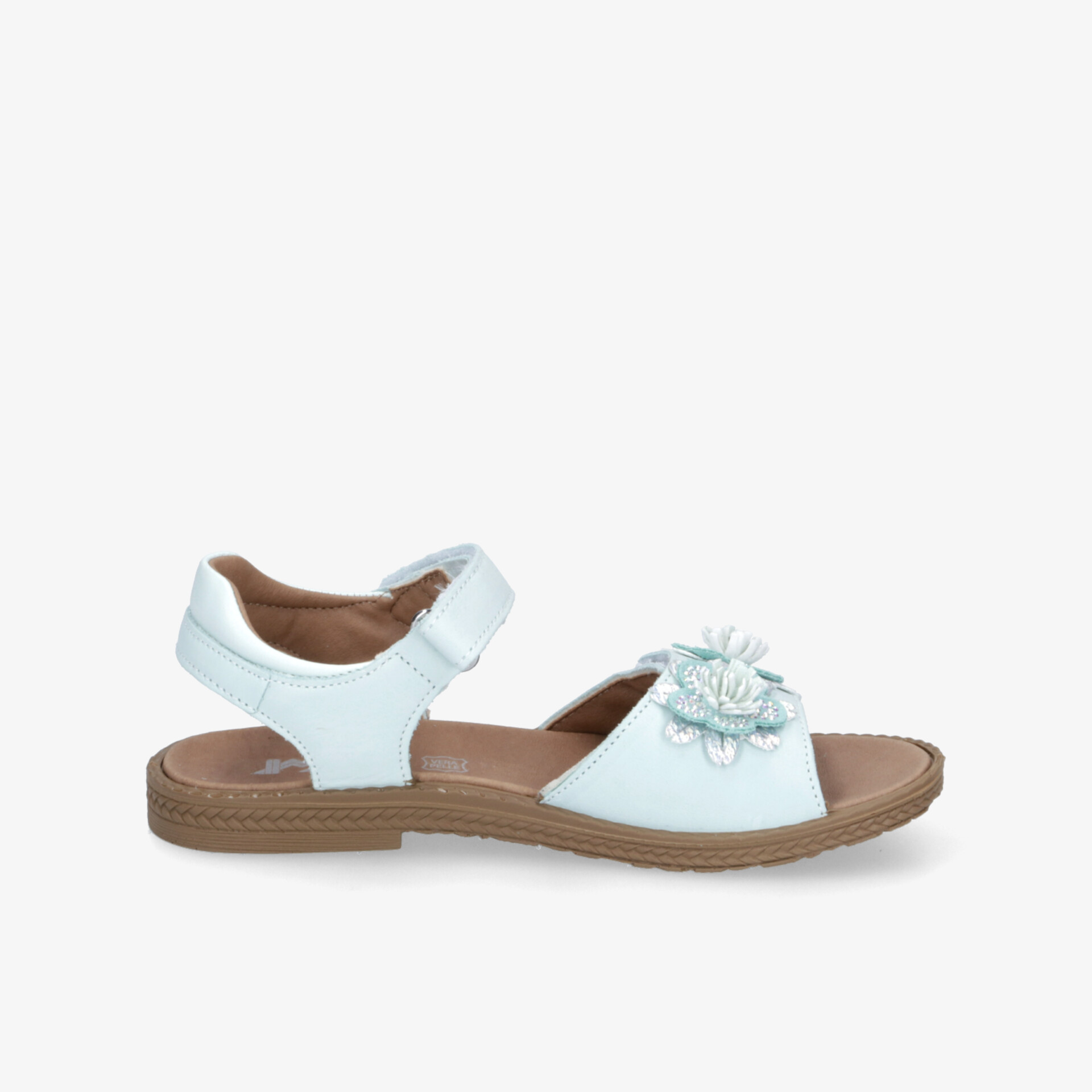 Weißer Sandale mit Blütendekor, verstellbarem Klettverschluss und bequemem Fußbett für angenehmen Tragekomfort