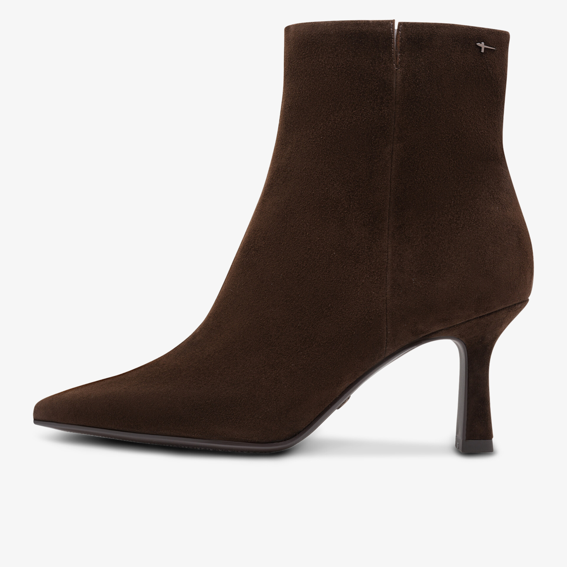 Elegante braune Wildleder-Stiefelette mit spitz zulaufender Vorderseite und mittelhohem Absatz für stilvolle Optik