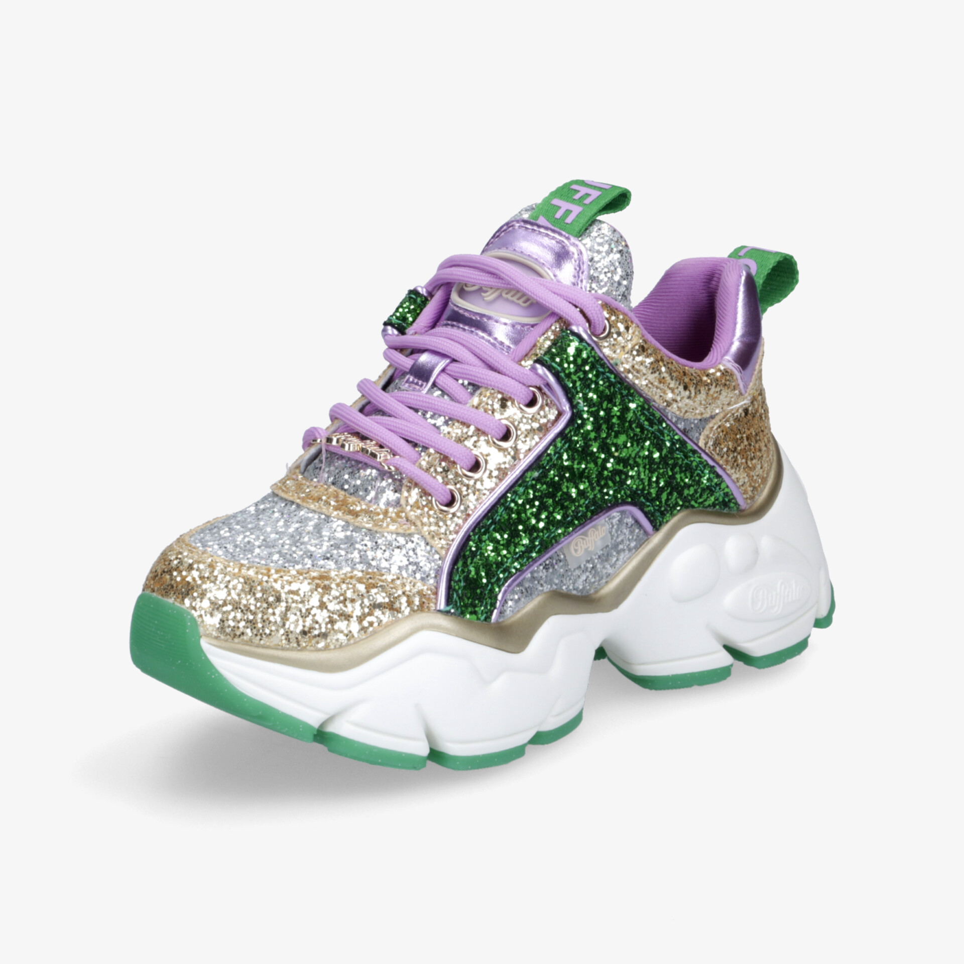 Glitzernder Sneaker in Grün, Lila und Gold mit dicker Sohle und modernem, auffälligem Design