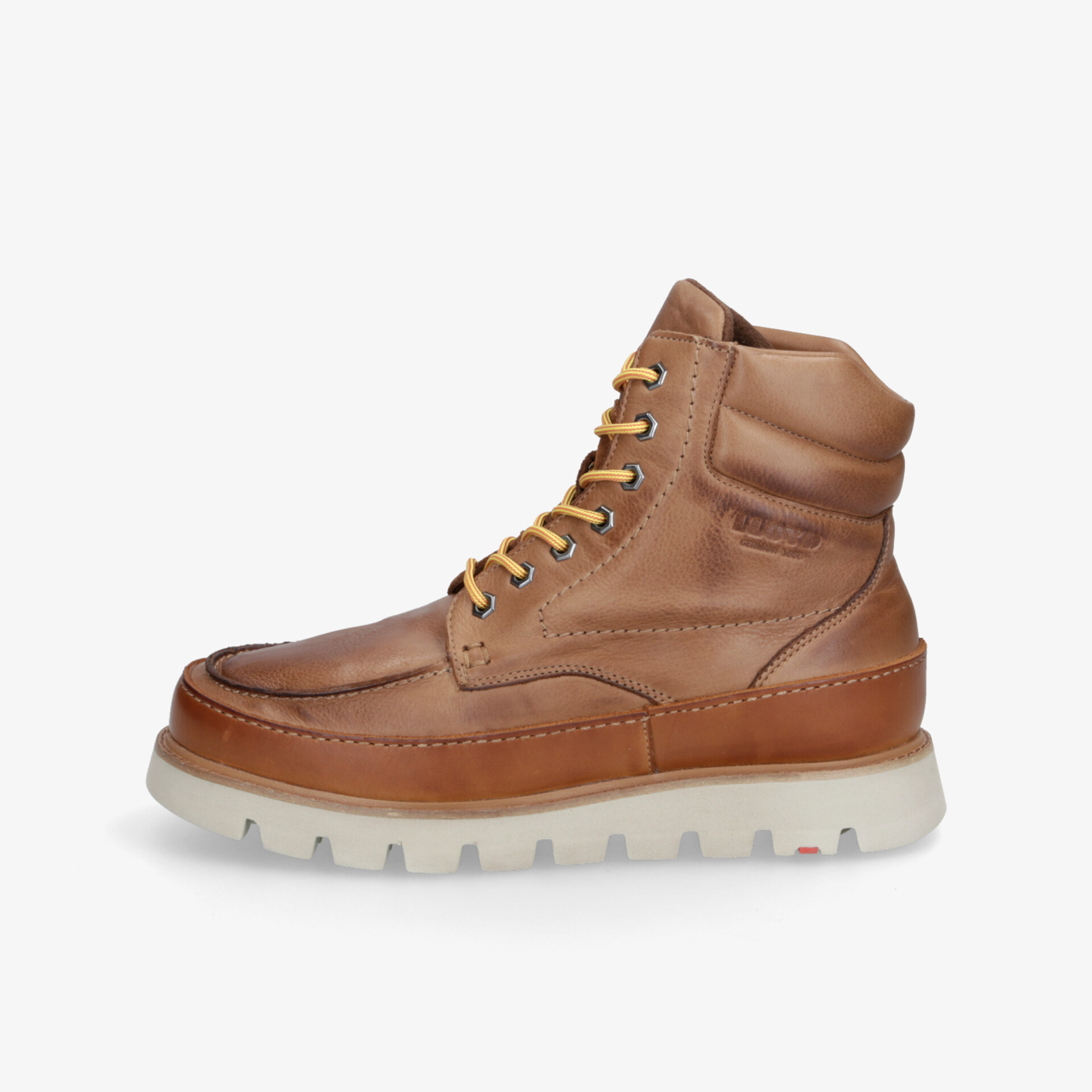 Brauner Lederstiefel mit gepolsterter Knöchelpartie, robuster Sohle und bequemem Schnürdesign für optimalen Halt.
