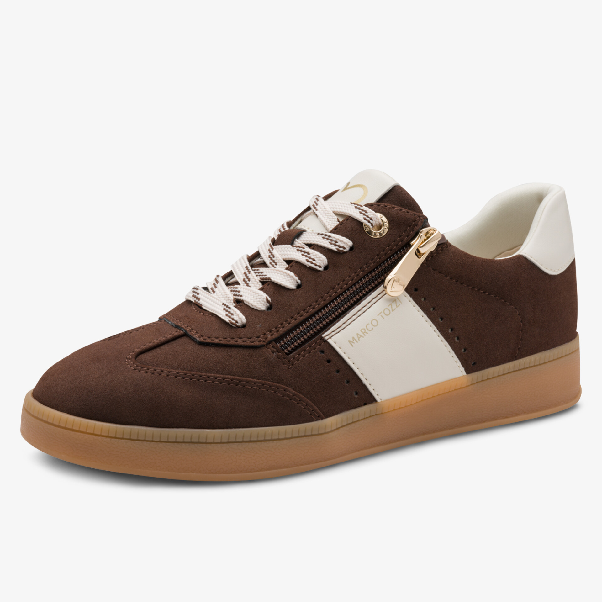Moderner brauner Sneaker mit weißem Akzent und praktischem Reißverschluss seitlich, leichte Gummisohle