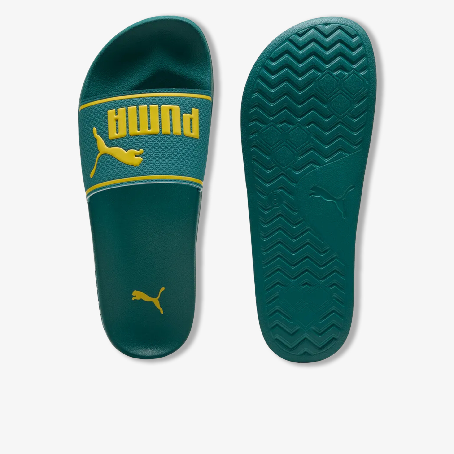 Grüne Puma Badeschlappen mit gelber Schrift, bequeme Passform und rutschfeste Profilsohle