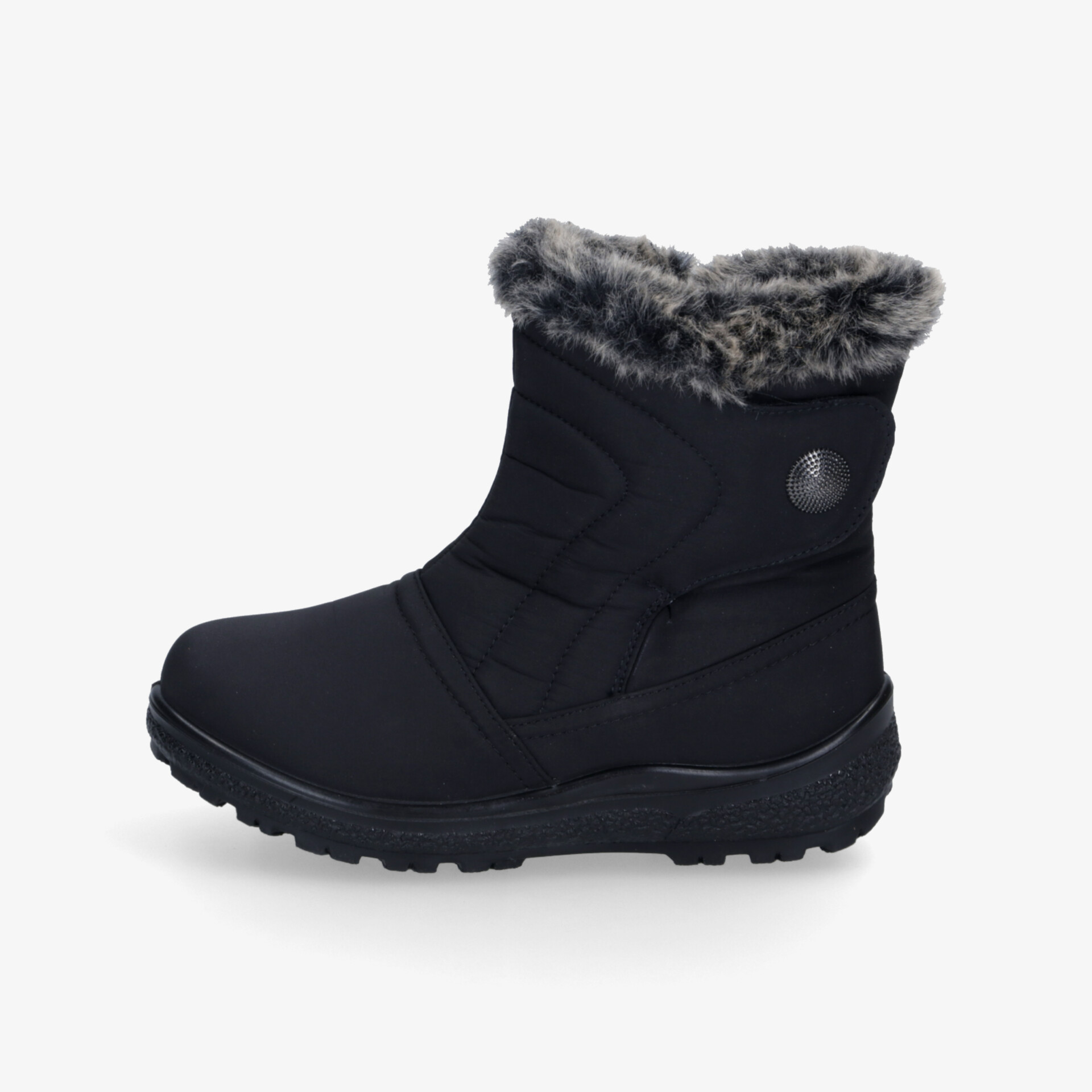 Schwarzer Winterstiefel mit warmem Fellfutter, wasserdichtem Material und rutschfester profilierter Sohle für sicheren Halt