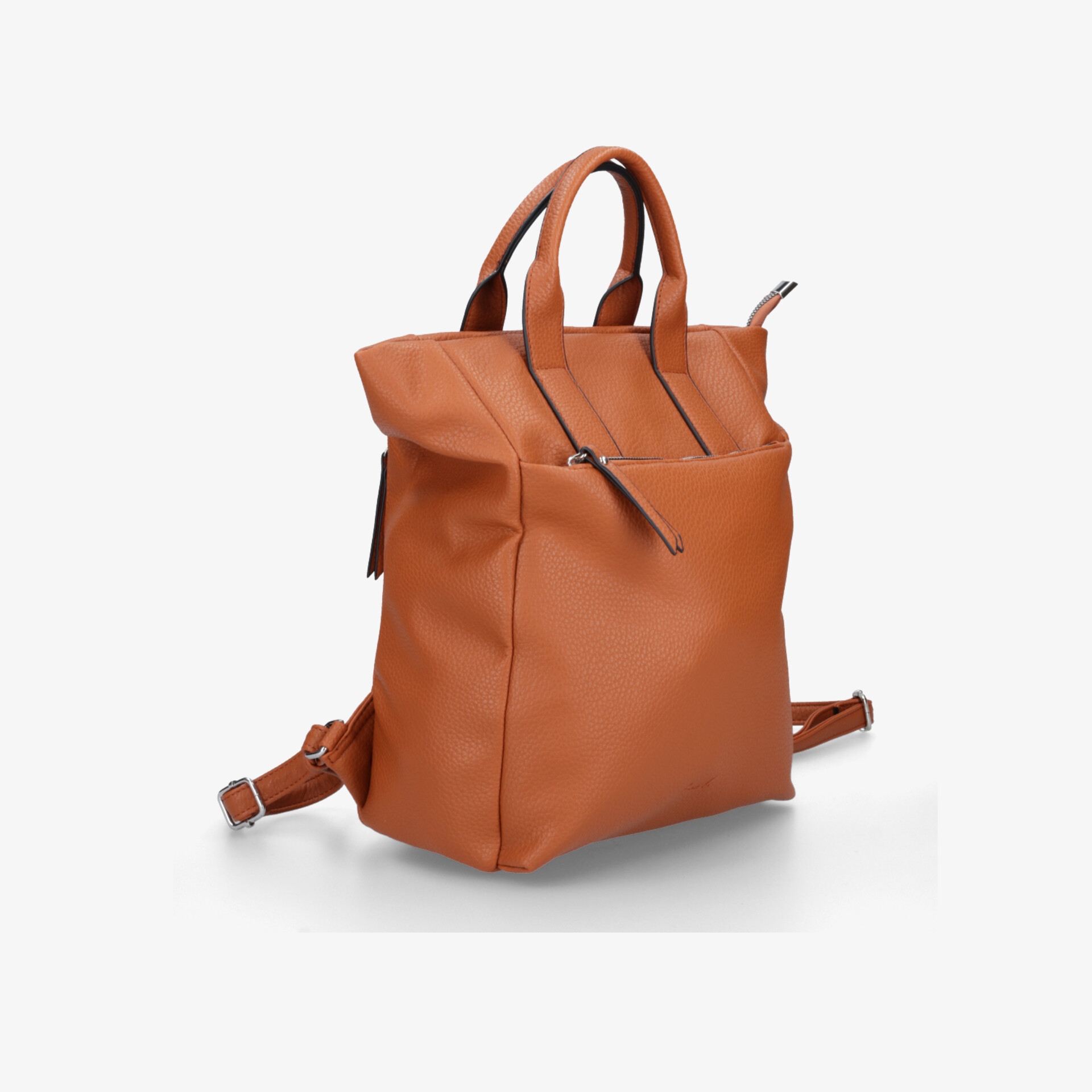 Moderner brauner Rucksack aus hochwertigem Material mit praktischen Tragegriffen und robusten Schulterriemen seitlich zu sehen