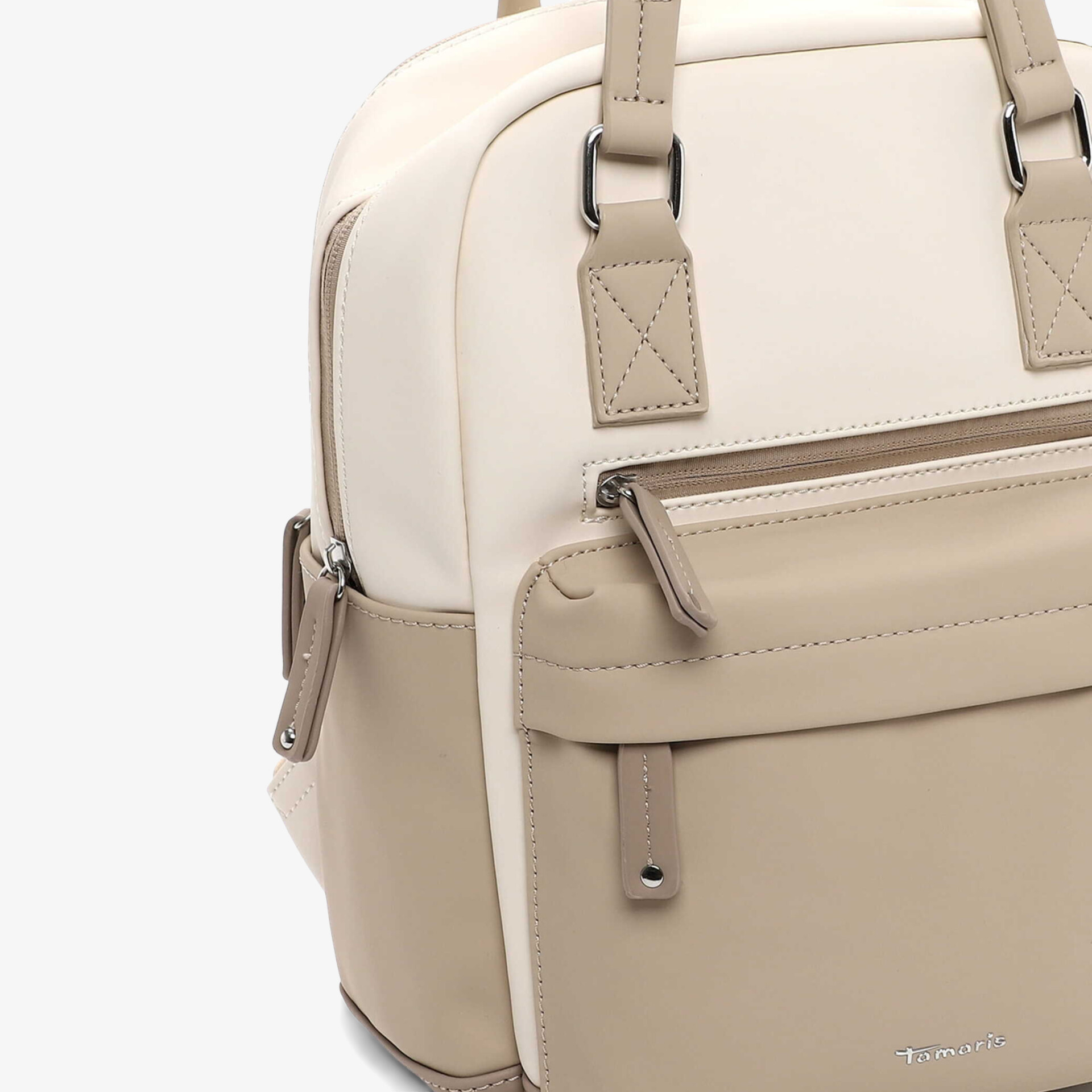 Beige moderne Handtasche mit Reißverschluss in zwei Farbtönen, rechteckige Form, eleganter Stil