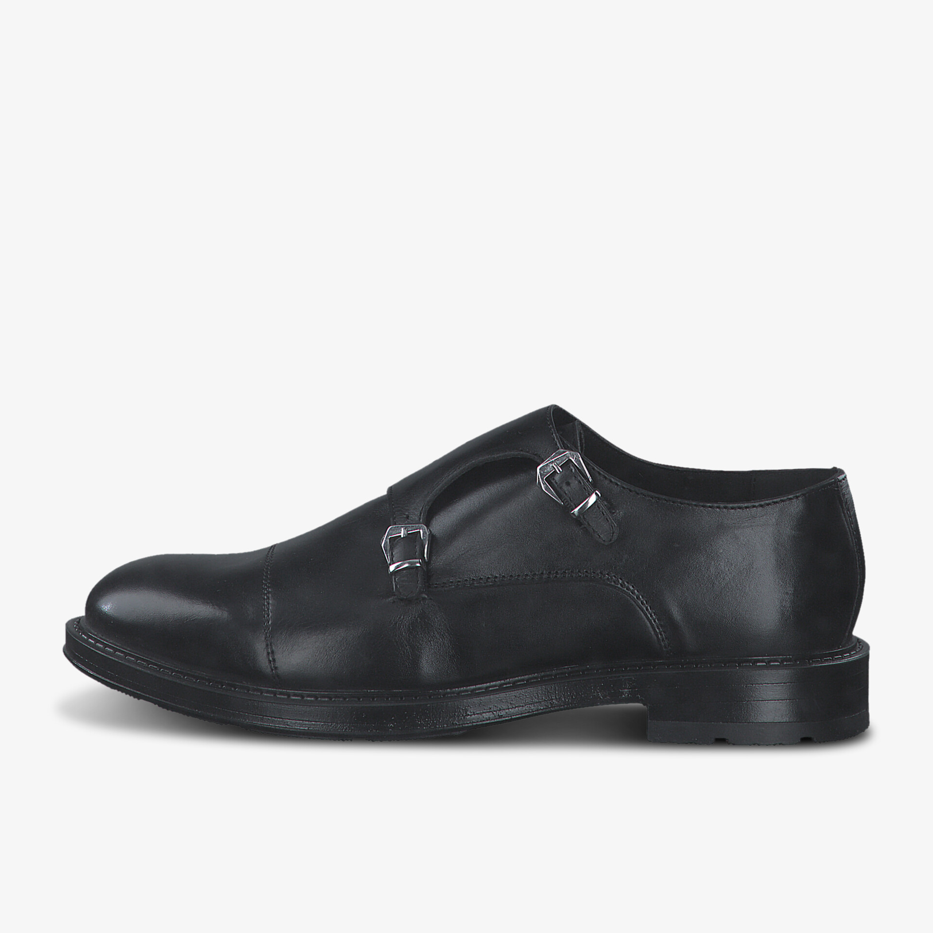 Eleganter schwarzer Monkstrap-Schuh aus hochwertigem Leder mit doppelt verstellbarer Schnalle und zeitlosem Design.