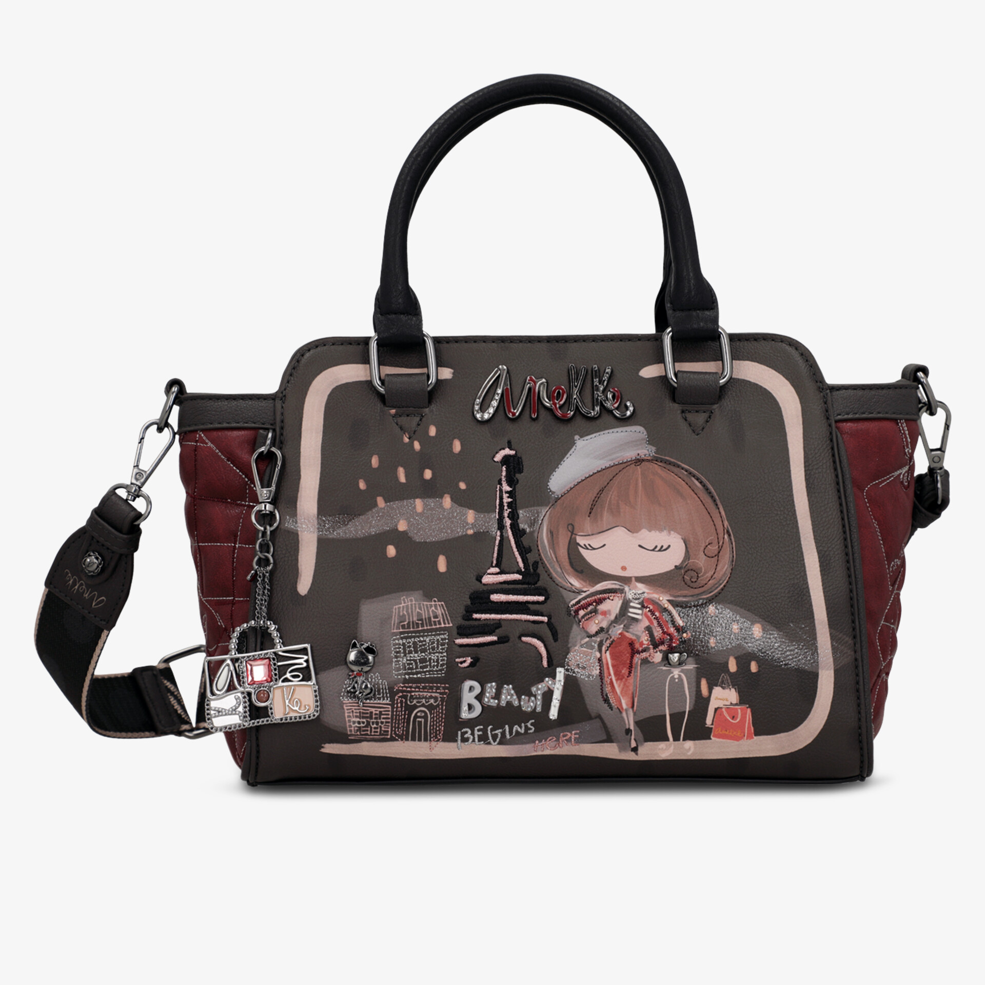 Modische Handtasche mit stilvoller Illustration, Tragegriff und abnehmbarem Schulterriemen in kontrastreichem Design