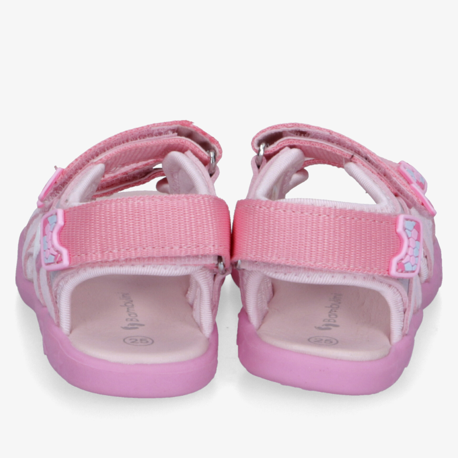 Leichte, bequeme pinke Sandalen mit gepolsterter Innensohle und verstellbaren Riemen, Rückansicht eines Paares