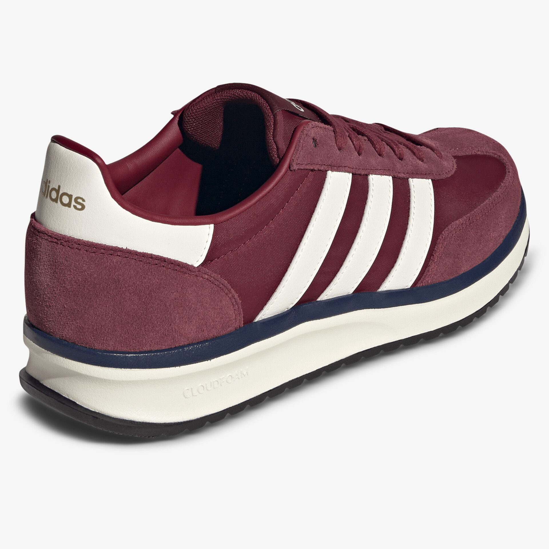 Moderner Sportschuh mit weiß markanten Streifen, robuster Sohle und komfortablem Design, rückseitige Ansicht