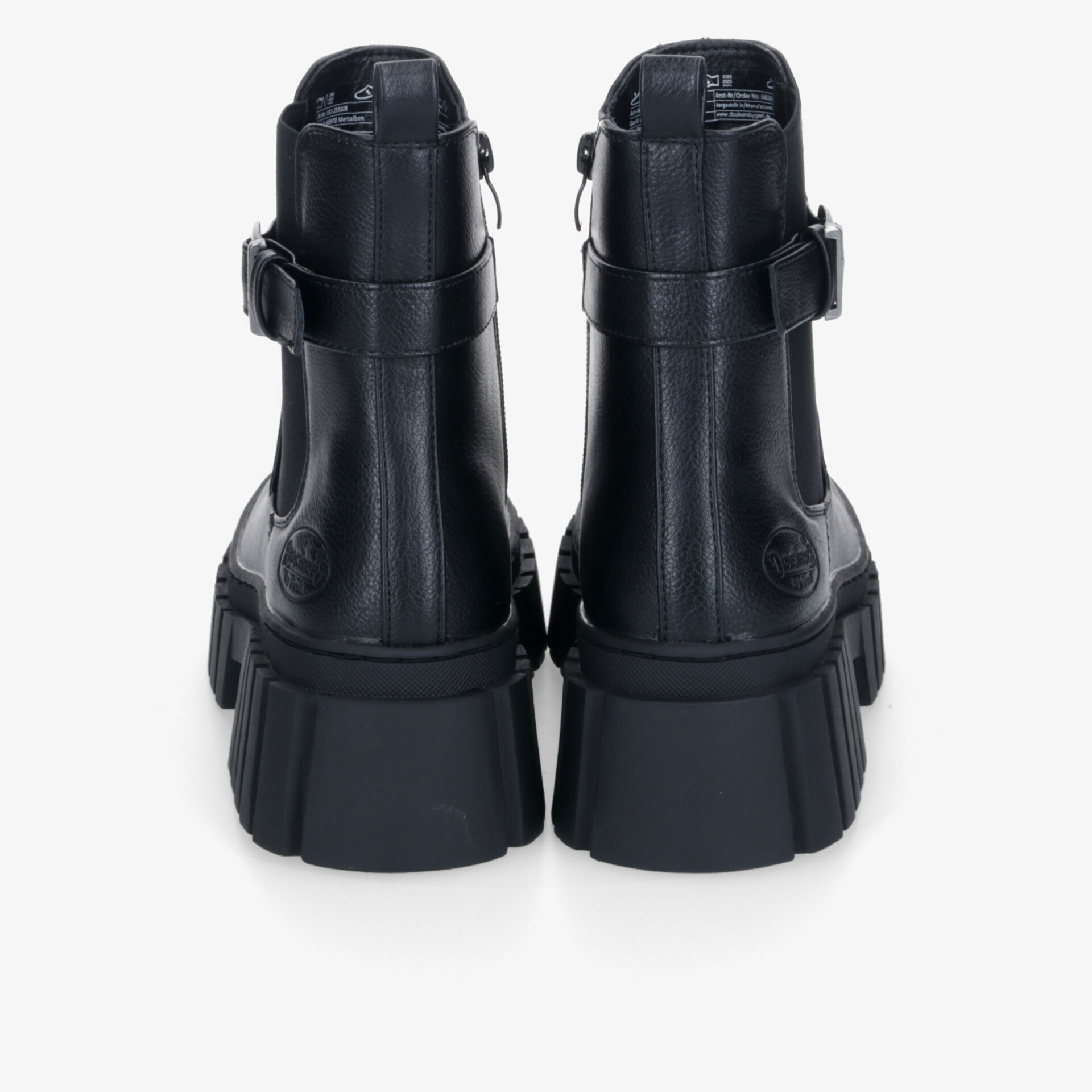 Robuste schwarze Stiefel mit hoher Sohle und stabilem Schaft, Rückansicht zeigt stabilen Halt und festen Verschluss