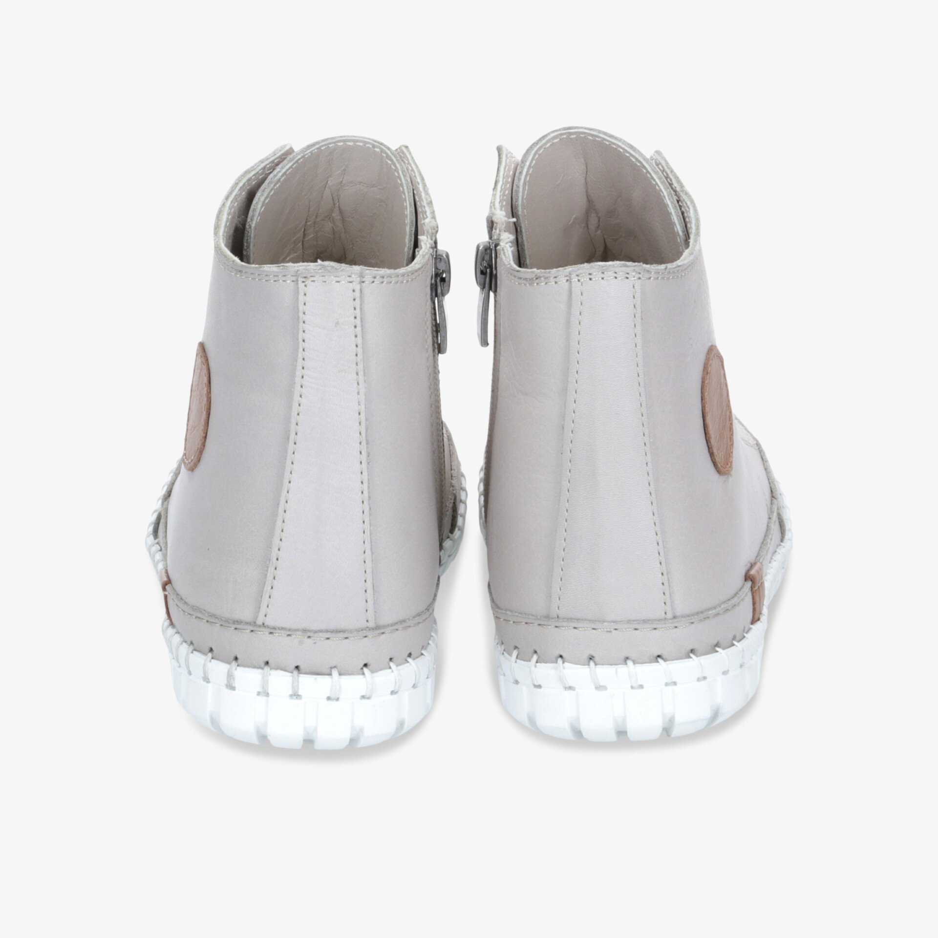 Graue stabile Stiefel mit seitlichem Reißverschluss und rutschfester Sohle, Rückansicht