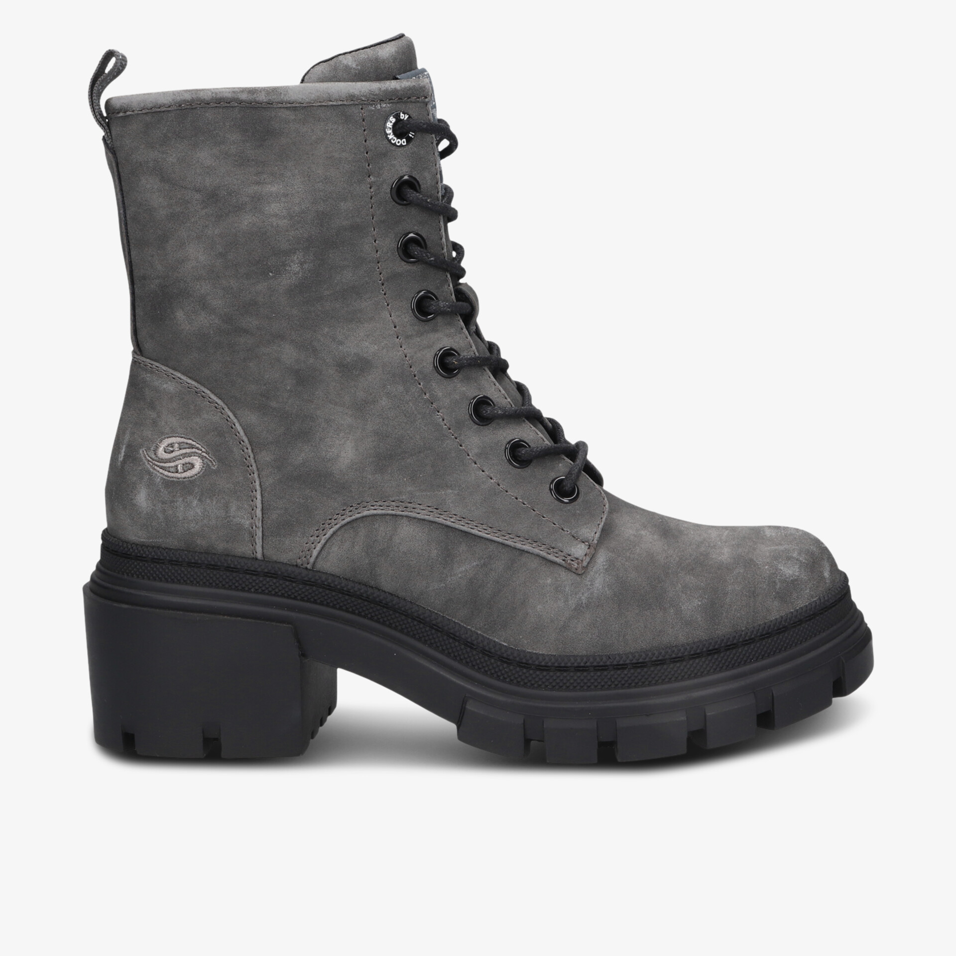 Grauer Schnürstiefel mit robustem Blockabsatz und rutschfester Profilsohle, modisch und bequem