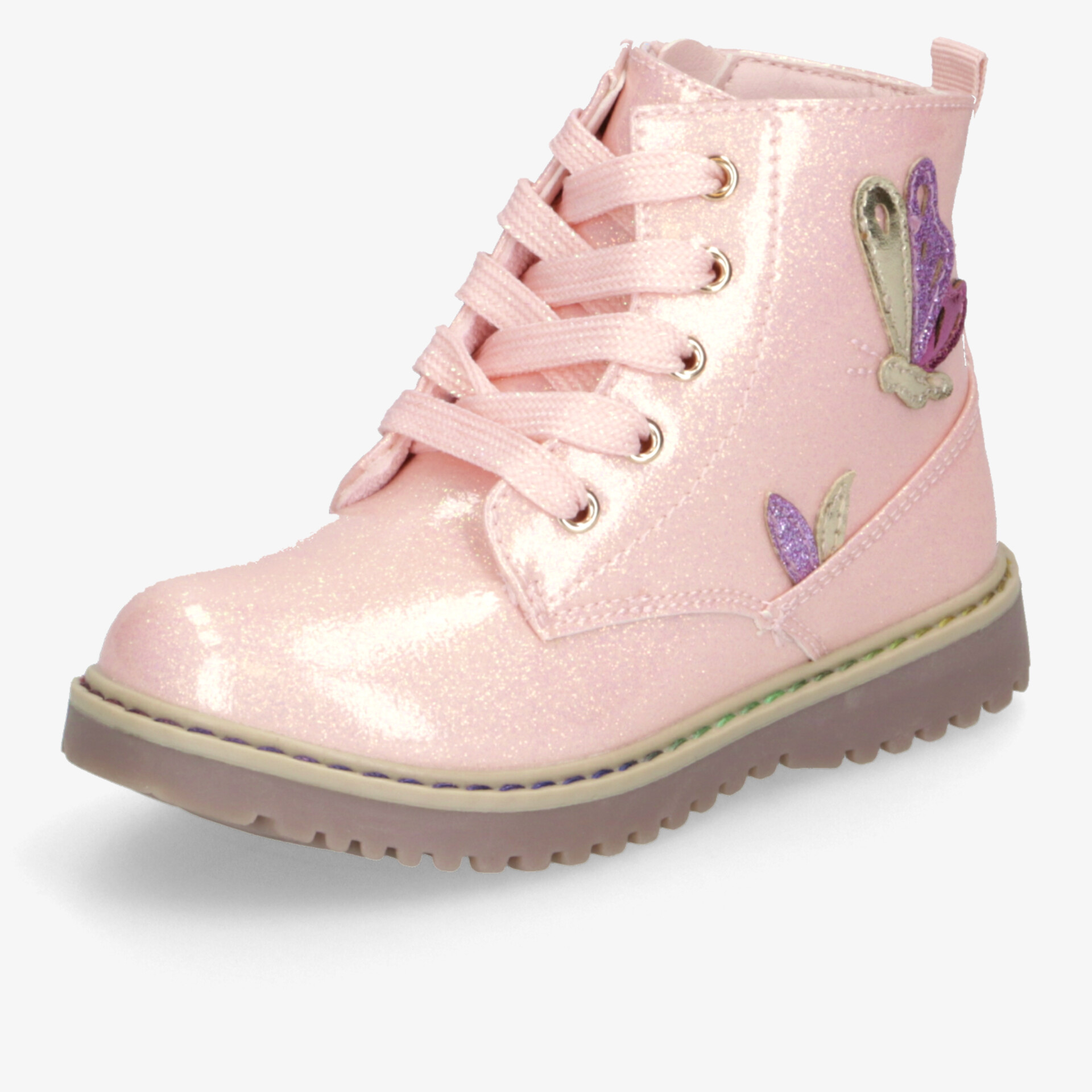 Rosafarbener glänzender Stiefel mit Schnürung und Schmetterlingsmotiv, robuster leichter Profilsohle