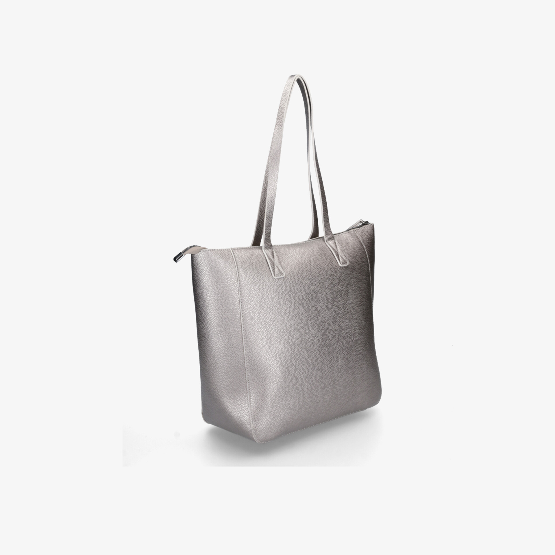 Grau Leder Tasche mit stabilen Henkeln, großer Kapazität und glatter Oberfläche in klarer Frontansicht