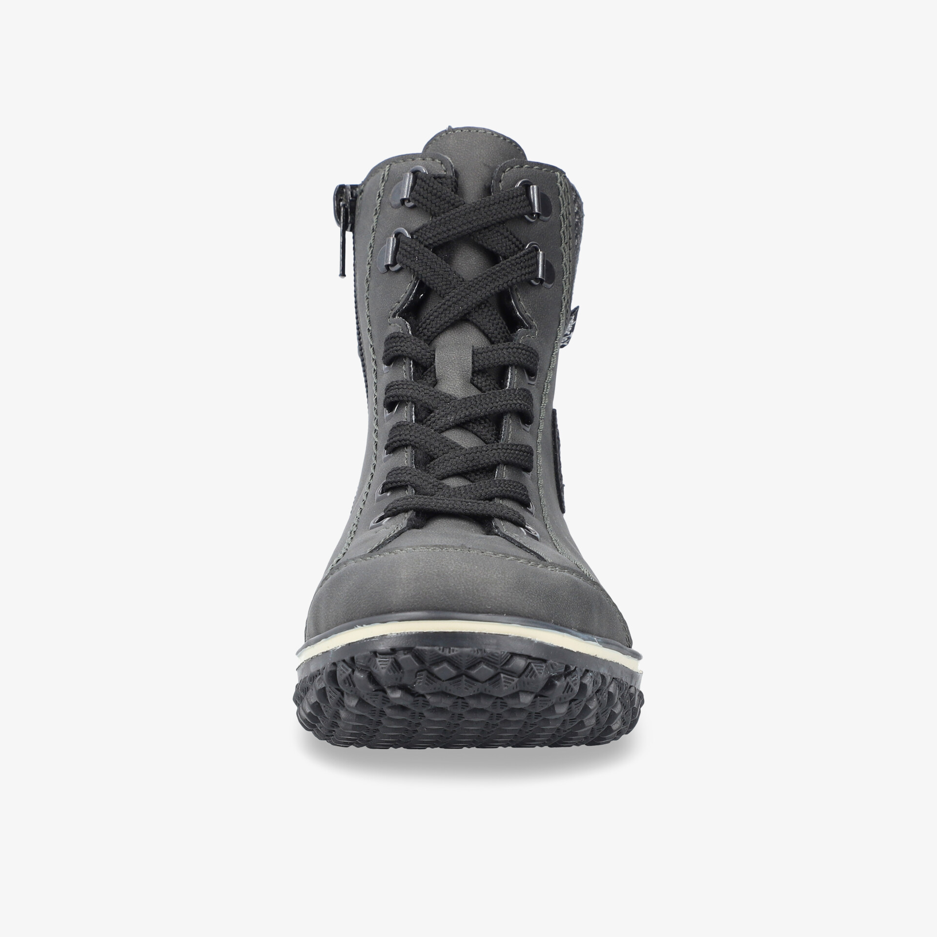 Robuster grauer Stiefel mit hohen Schaft und rutschfester Sohle, schnürbar für optimalen Halt