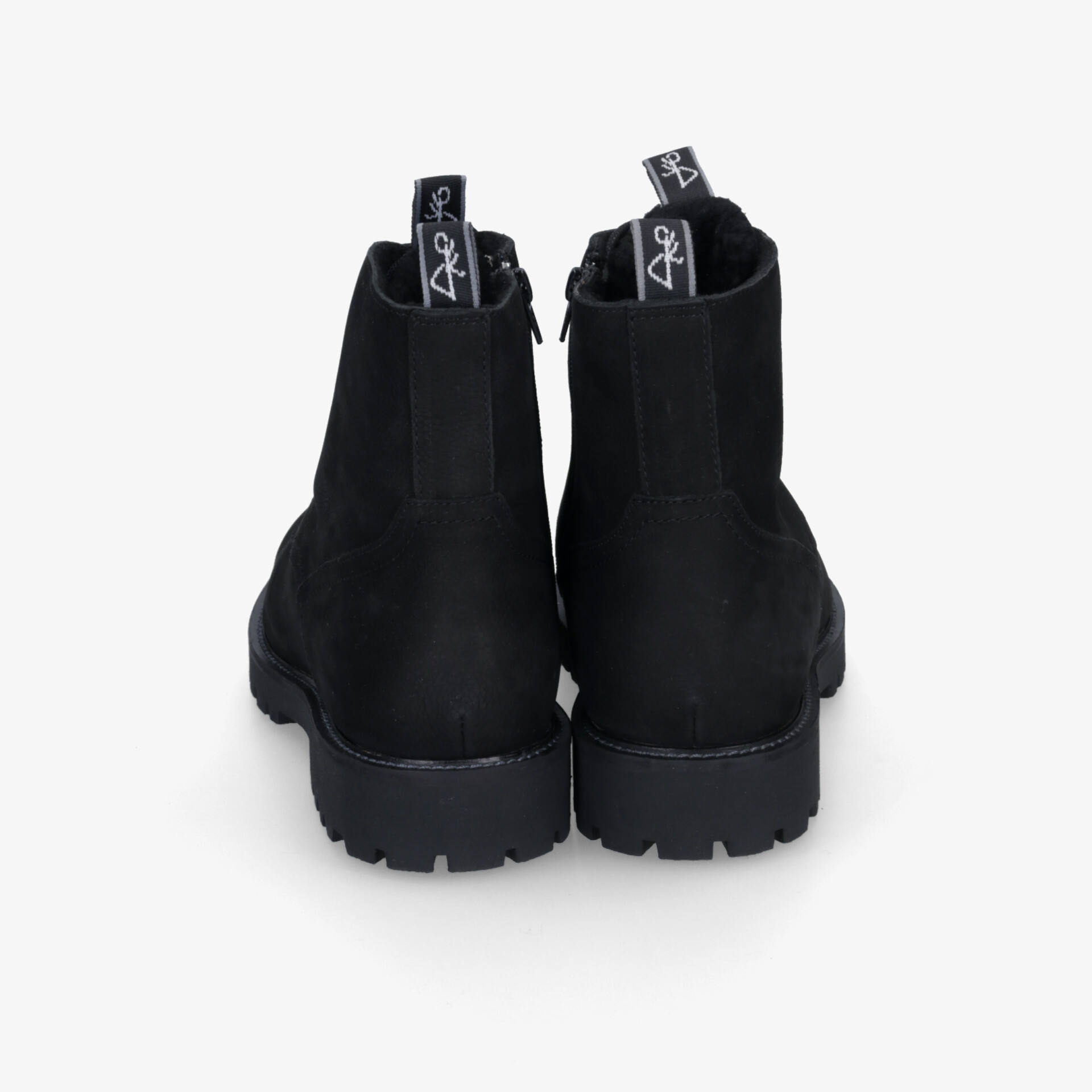 Schwarze robuste Stiefeletten mit dick profilierter Sohle und praktischem Reißverschluss, Rückenansicht