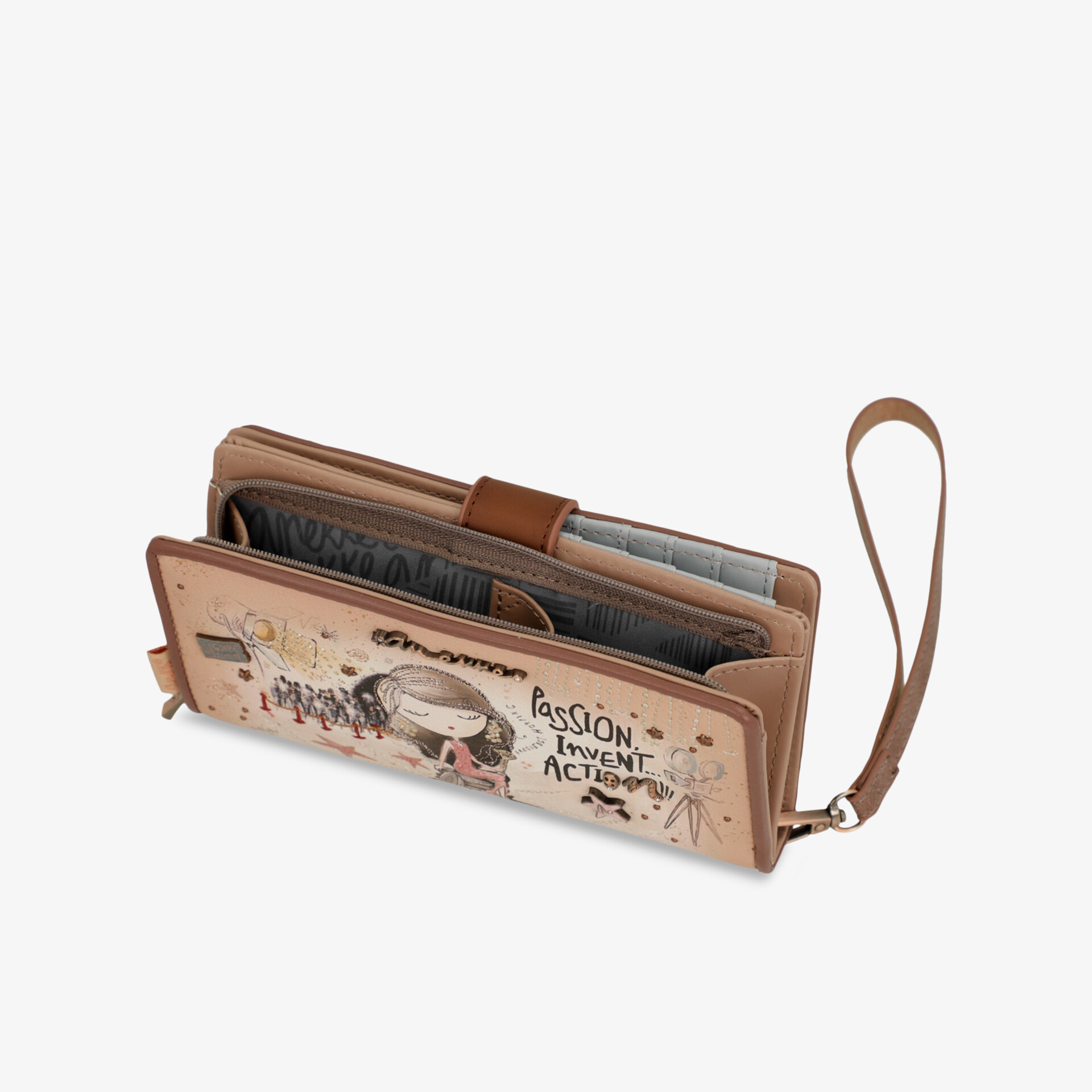 Beige Geldbörse mit Reißverschluss, Handgelenkriemen und mehreren Fächern für Karten und Zubehör