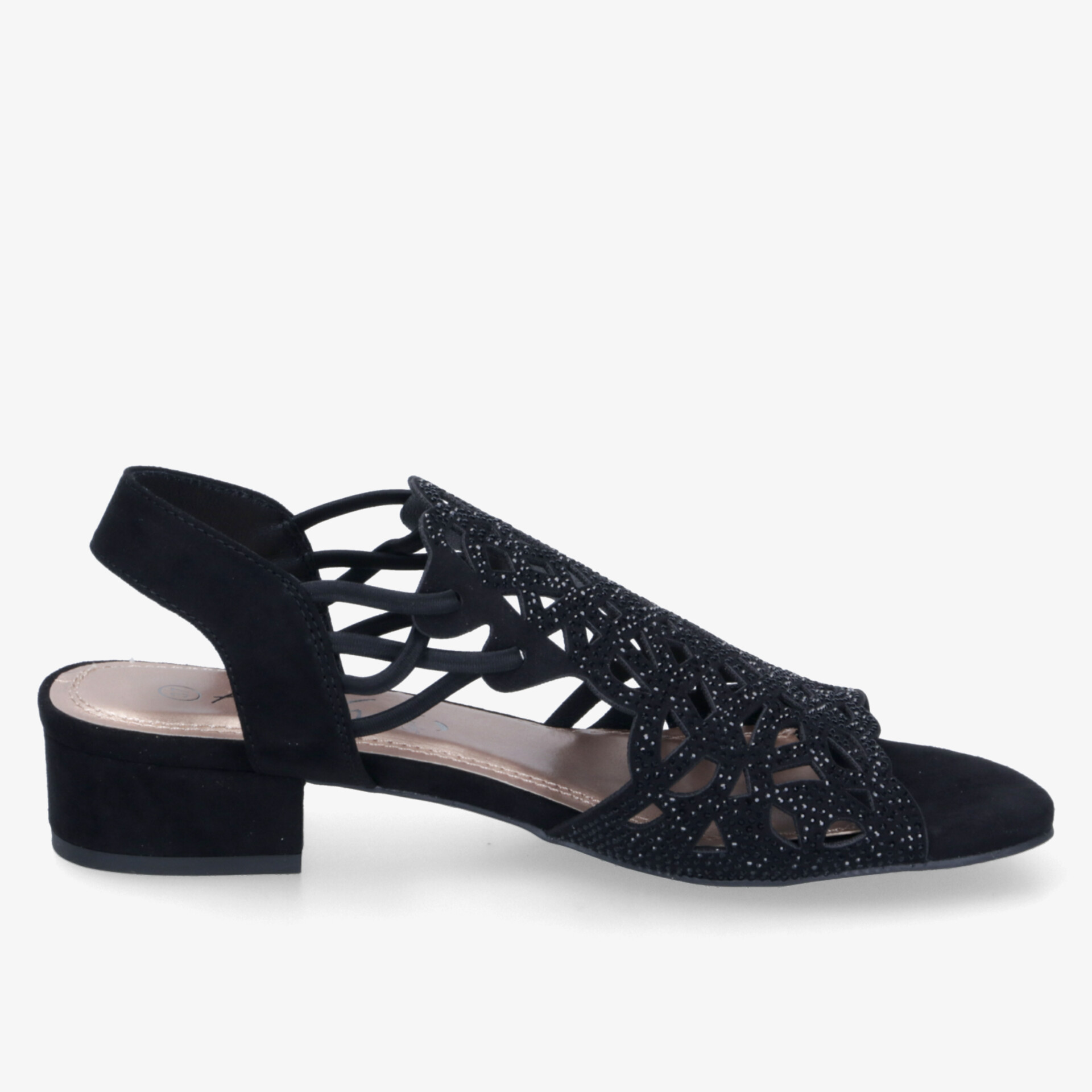 Elegante schwarze Sandale mit niedrigem Blockabsatz und verzierter Riemchenoptik für komfortablen Tragekomfort