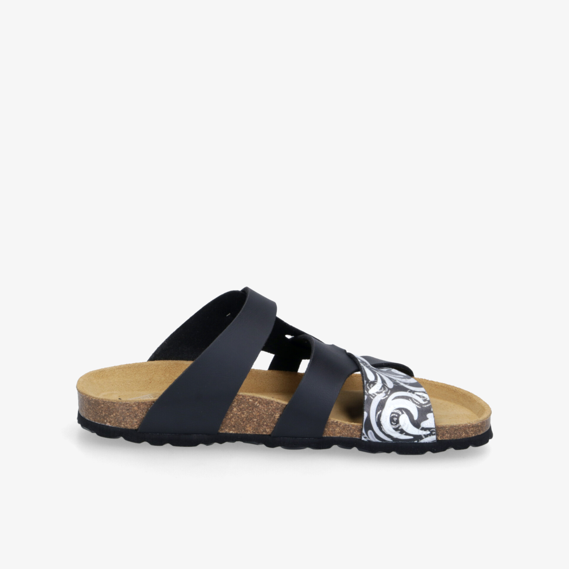 Bequemer, leichter Schuh mit schwarzem und weißem Riemendesign und rutschfester Korksohle