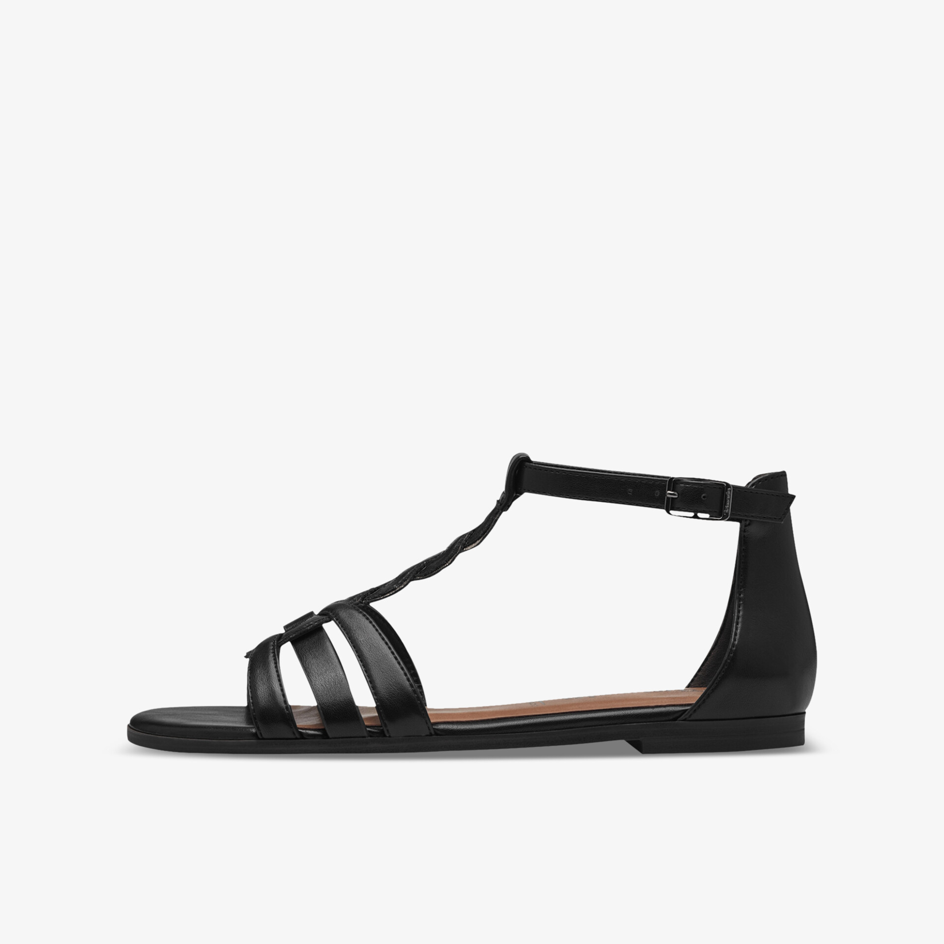 Schwarzer flacher Sandalenschuh mit verstellbarer Schnalle und offenem Zehendesign, elegante und bequeme Passform