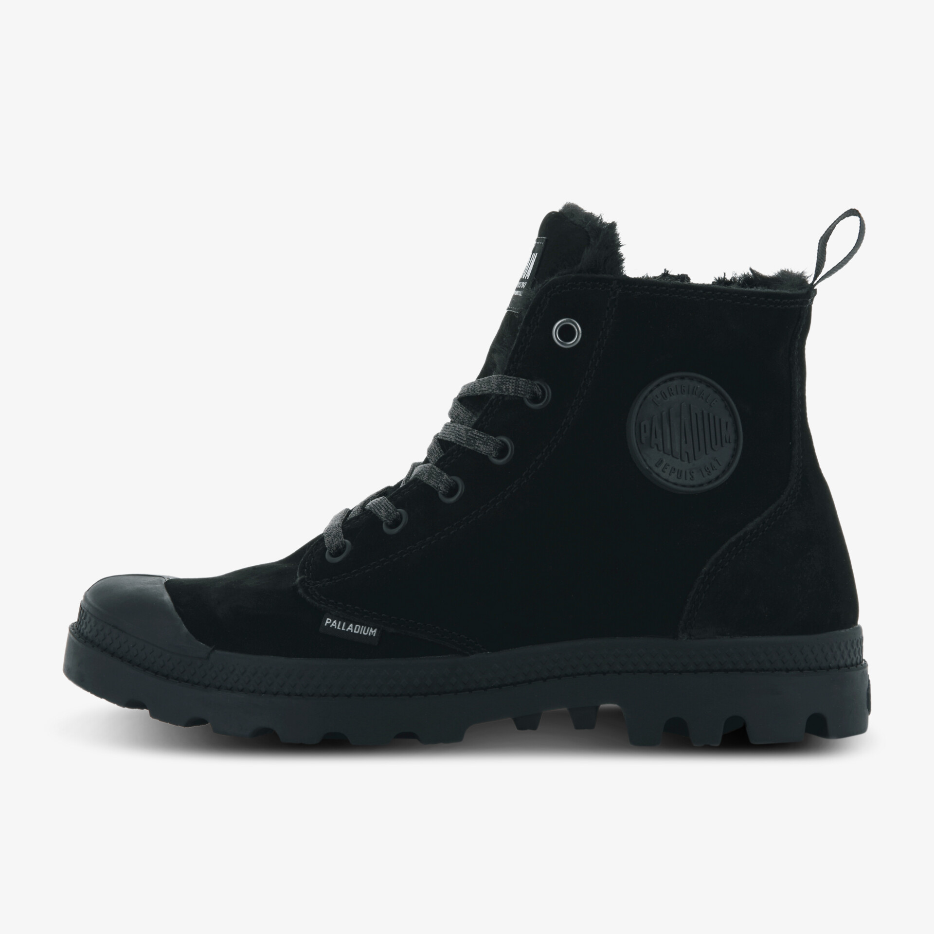 Schwarze Stiefelette mit robuster Profilsohle und Schnürung für hohen Komfort und Wärme.