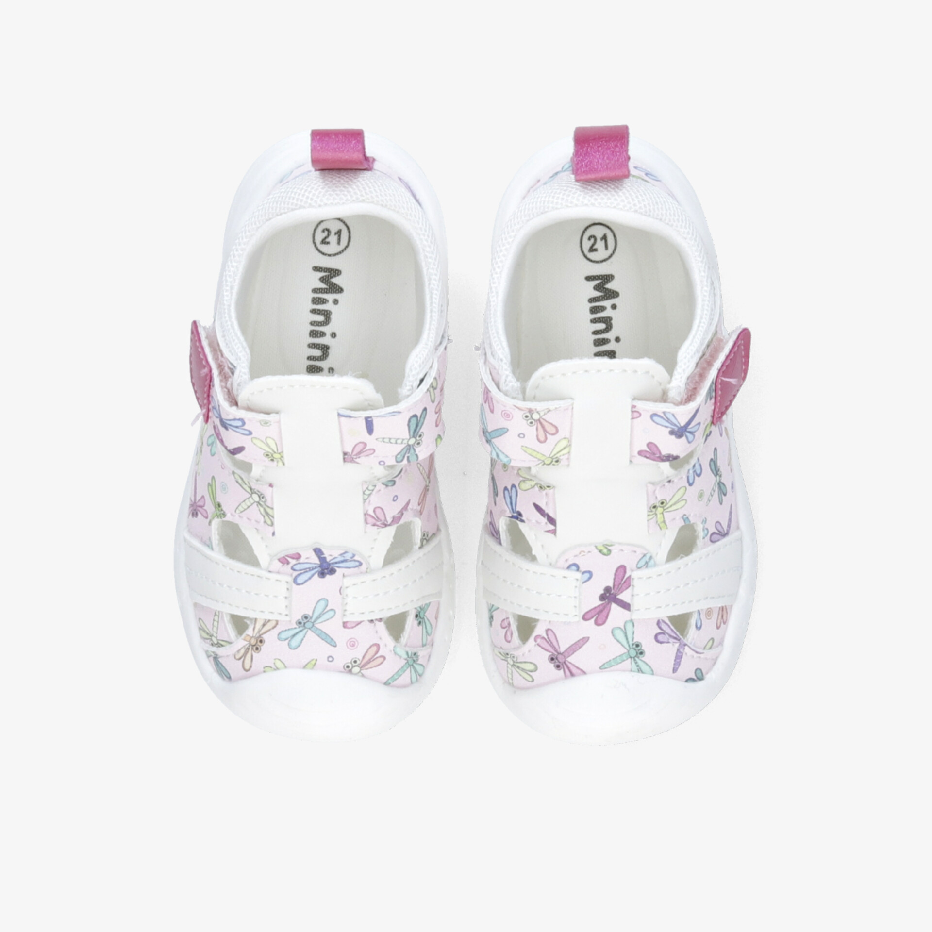 Weiß-rosa Kinderschuhe mit bunten Mustern und praktischem Klettverschluss in bequemer und leichter Ausführung