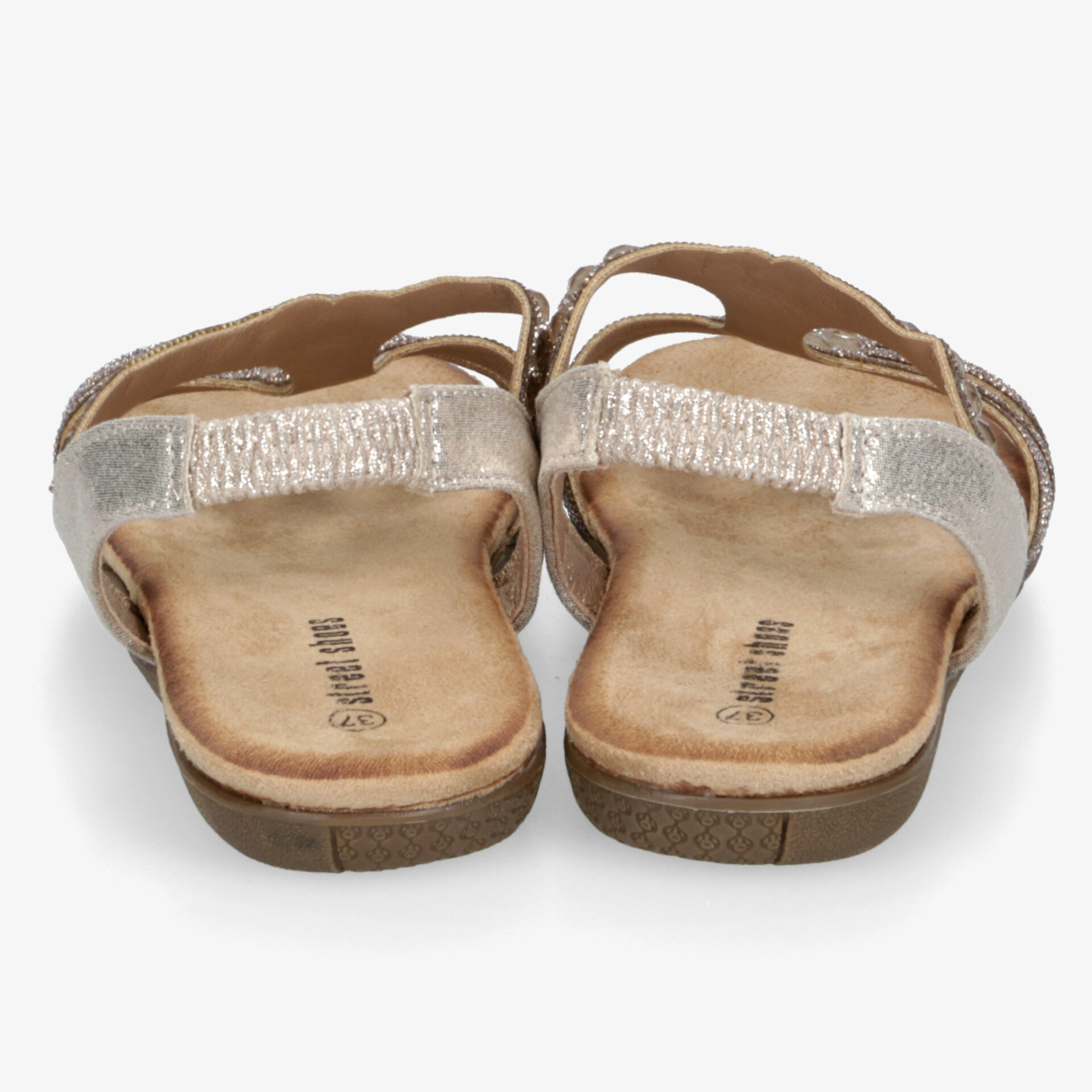 Rückansicht von komfortablen Sandalen mit weichem Fußbett und rutschfester Sohle in elegantem glänzendem Design