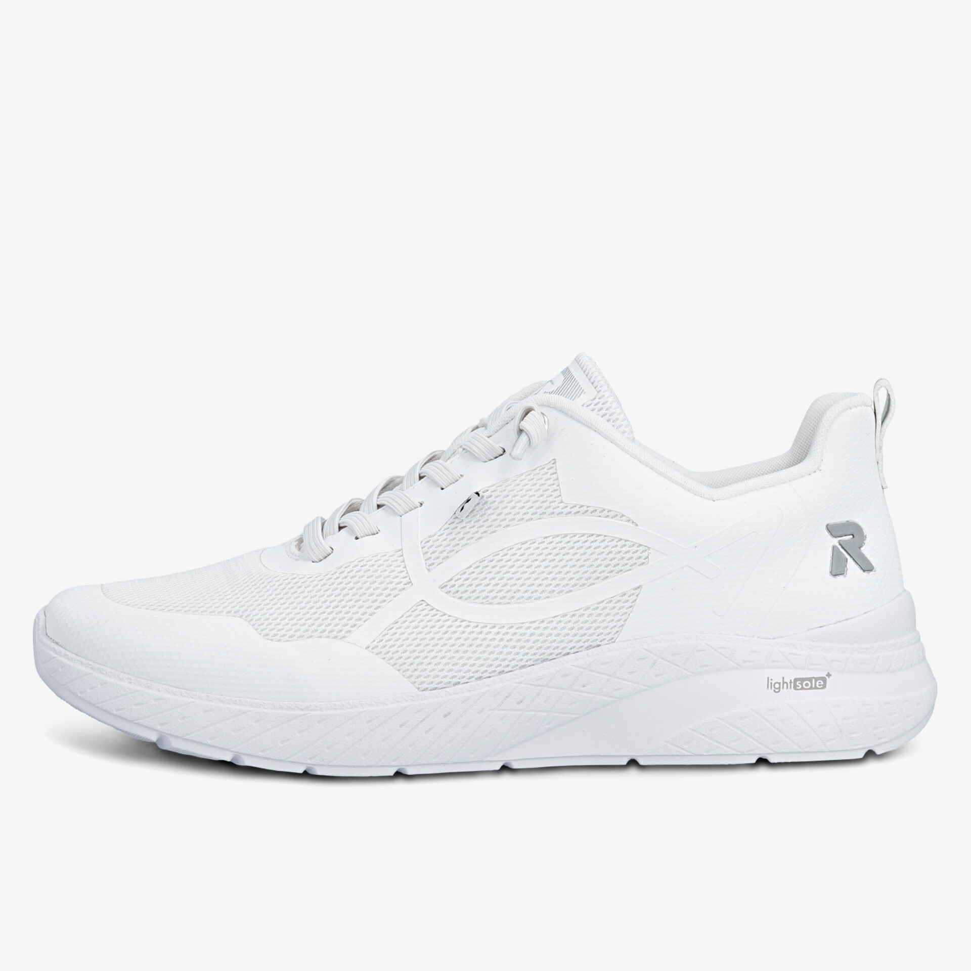 Leichter weißer Sneaker mit atmungsaktivem Material und flexibler, bequemer Sohle seitliche Ansicht