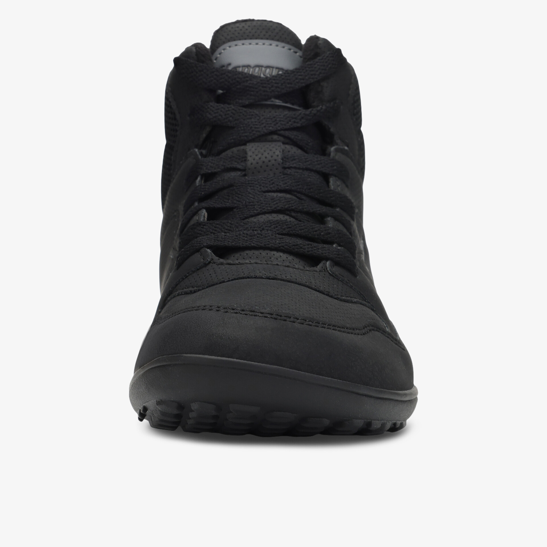 Schwarzer sportlicher Sneaker mit stabiler Sohle und bequemer Passform in Frontansicht