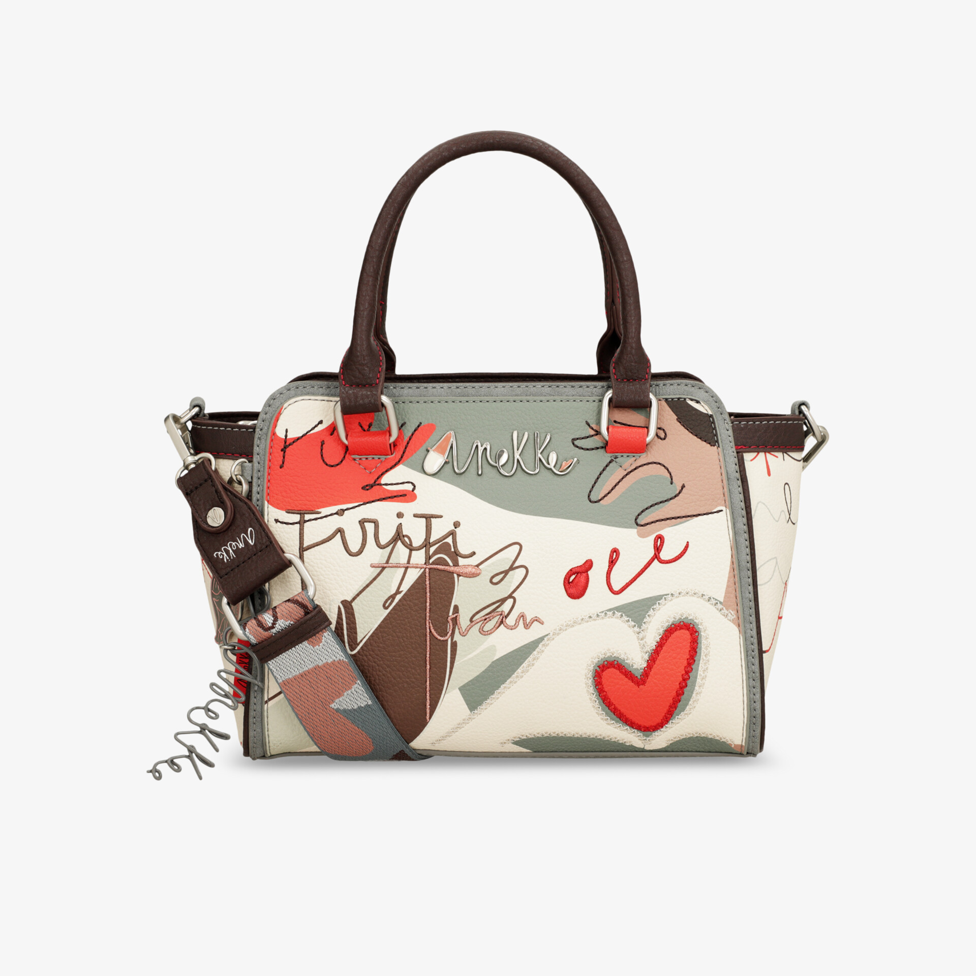 Stylische kompakte Handtasche mit grafischem Muster, braun-roten Akzenten und verstellbarem Schulterriemen