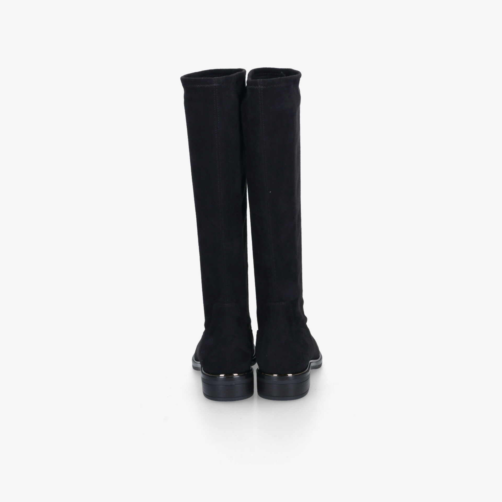 Schwarzer knielanger Stiefel mit robustem Absatz, glattem Material, Rückansicht