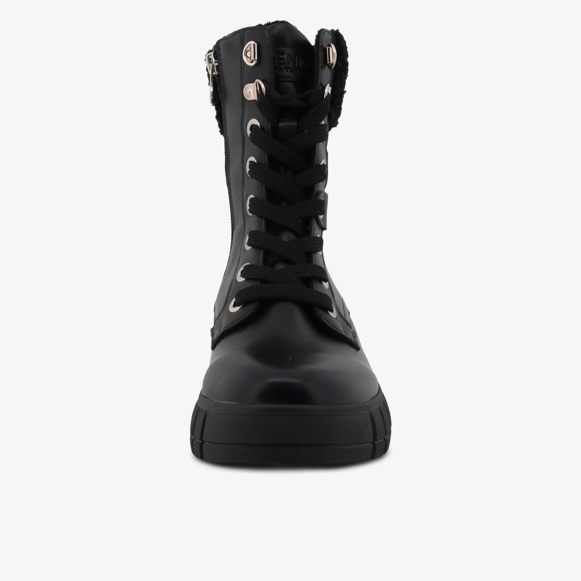 Robuster knöchelhoher Schuh mit stabiler Schnürung und wetterfestem schwarzem Leder für komfortablen Schutz