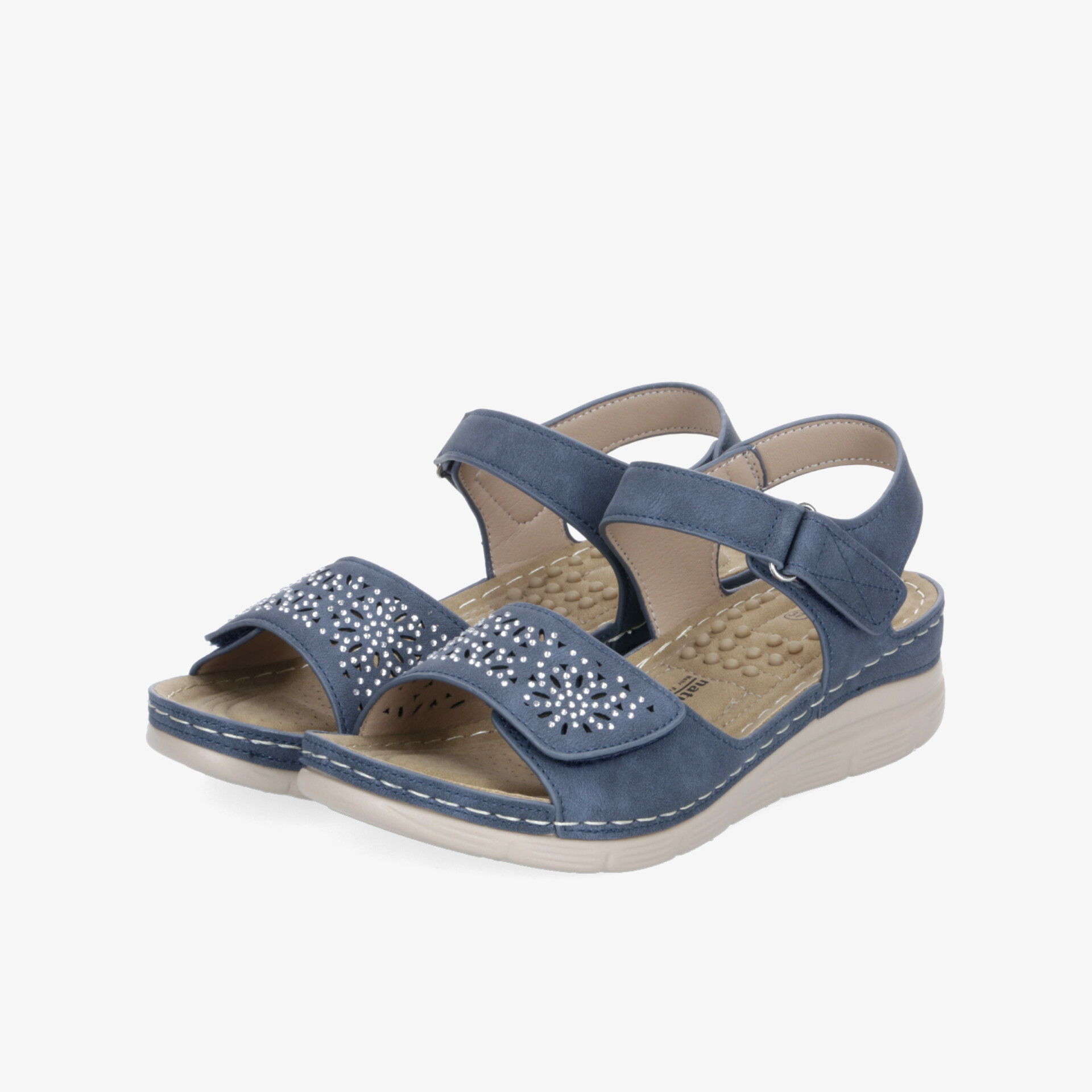 Bequeme blaue Sandalen mit verstellbarem Klettverschluss und funkelnden Strasssteinen, ideal für angenehmen Tragekomfort