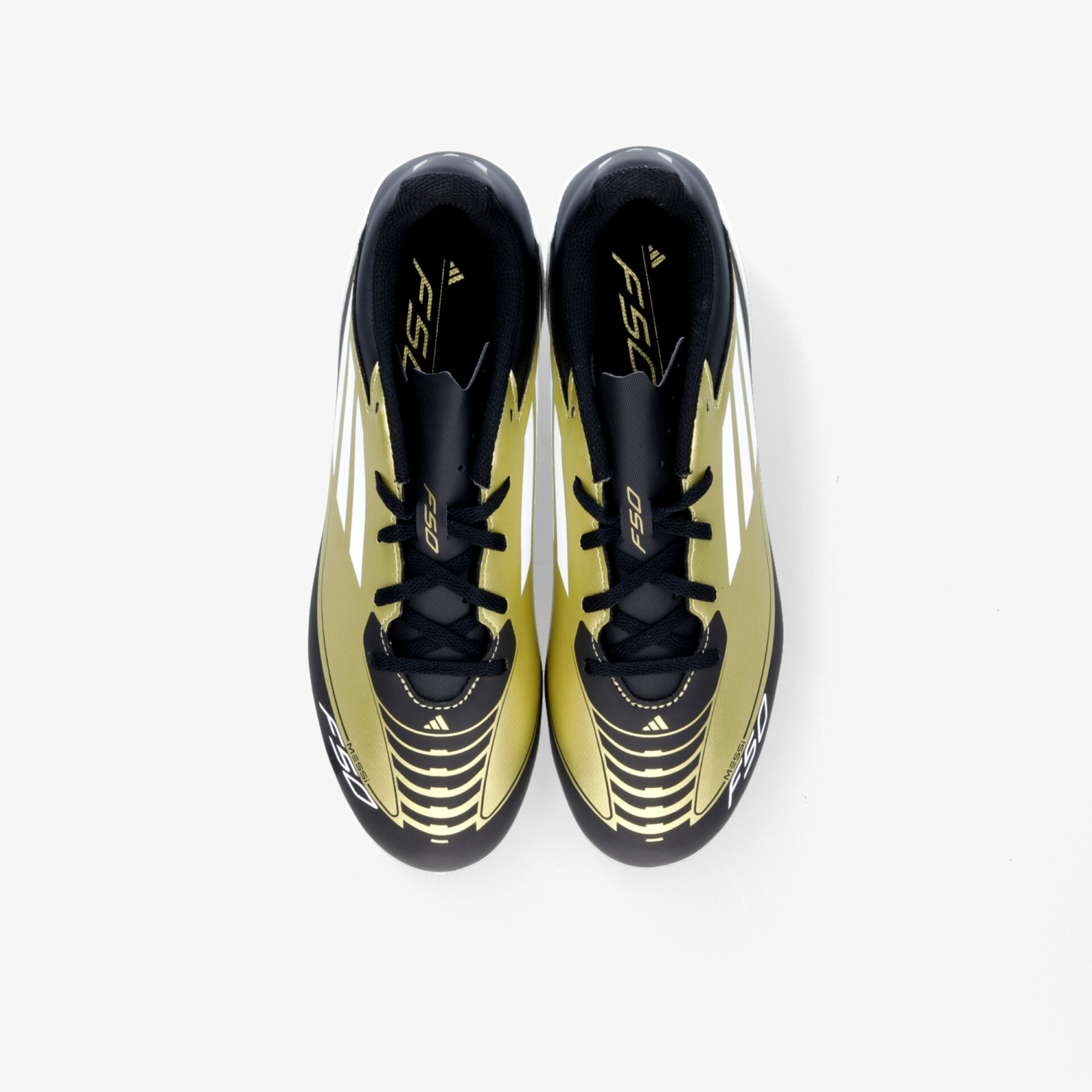 Moderner Sportschuh in Gold und Schwarz mit Schnürsenkeln, leichter und komfortabler Aufbau, Draufsicht