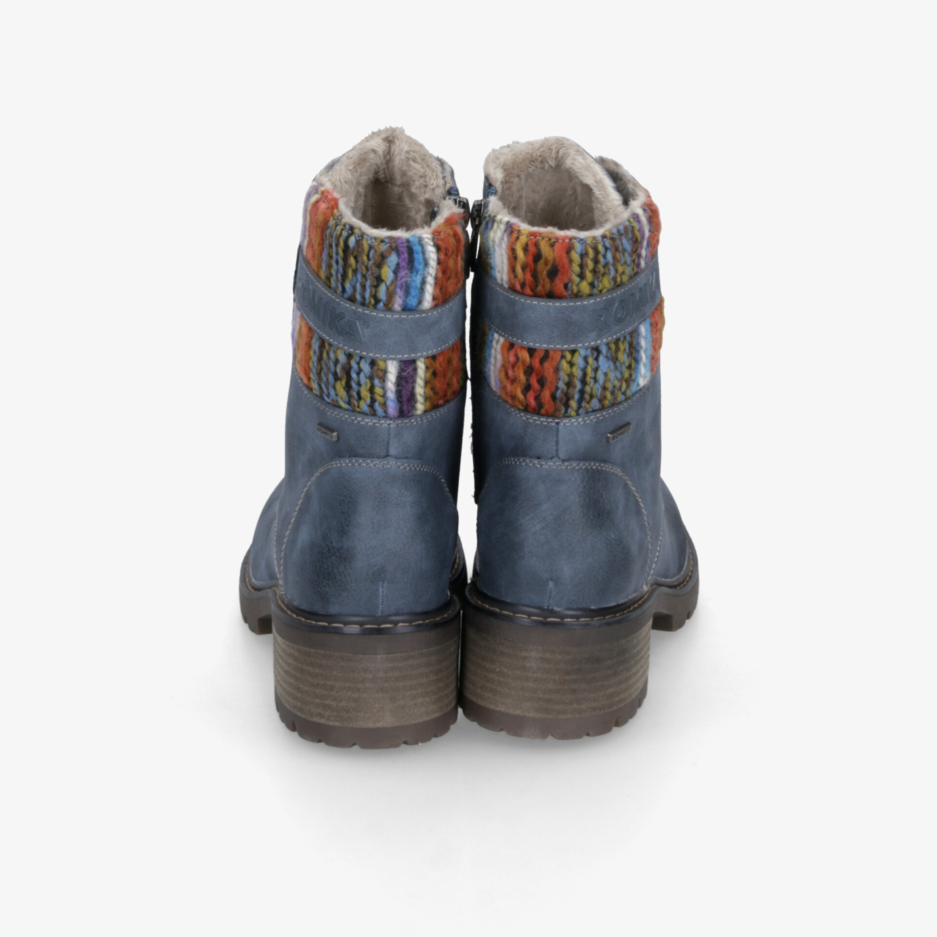 Robuste Winterstiefel mit warmer Innenfütterung und farbenfrohem Stoffeinsatz, sichtbar von hinten, stabil und komfortabel